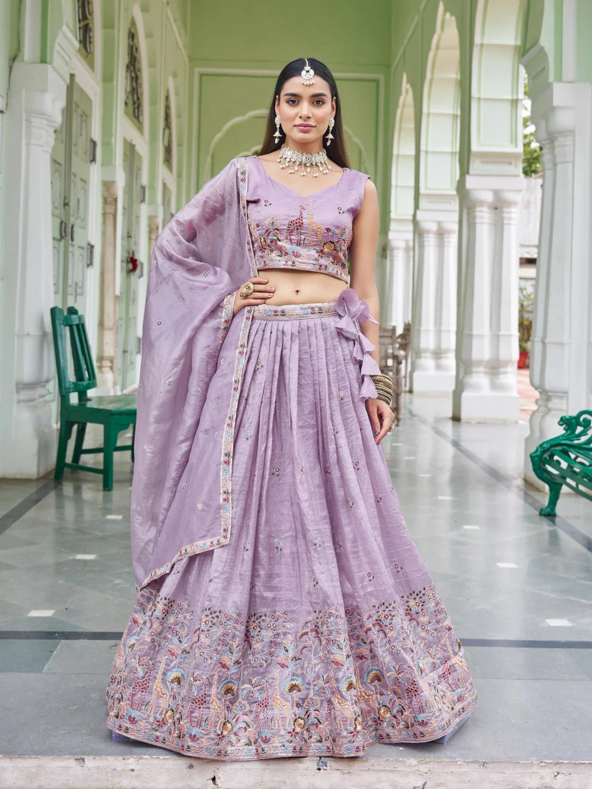 Tarani lavender gold crush lehenga with embroidered blouse and dupatta full view