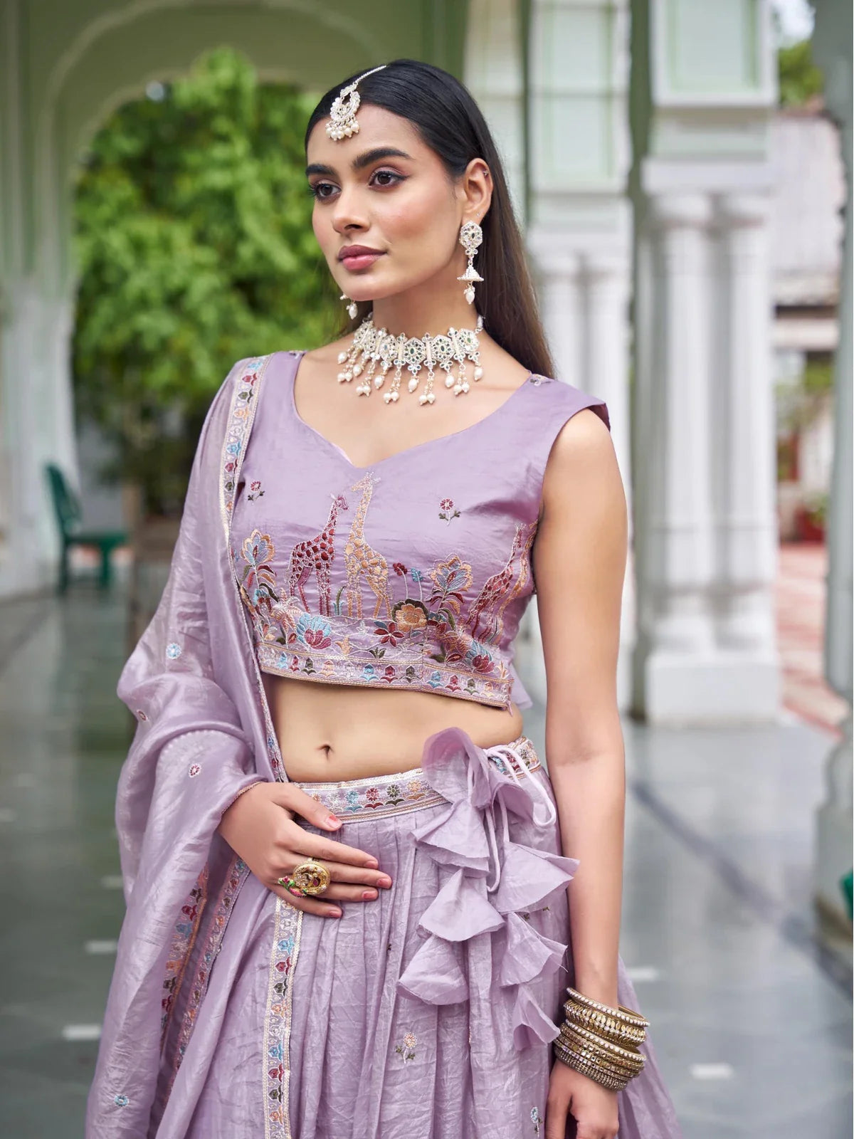 Tarani lavender gold crush lehenga with upper body view
