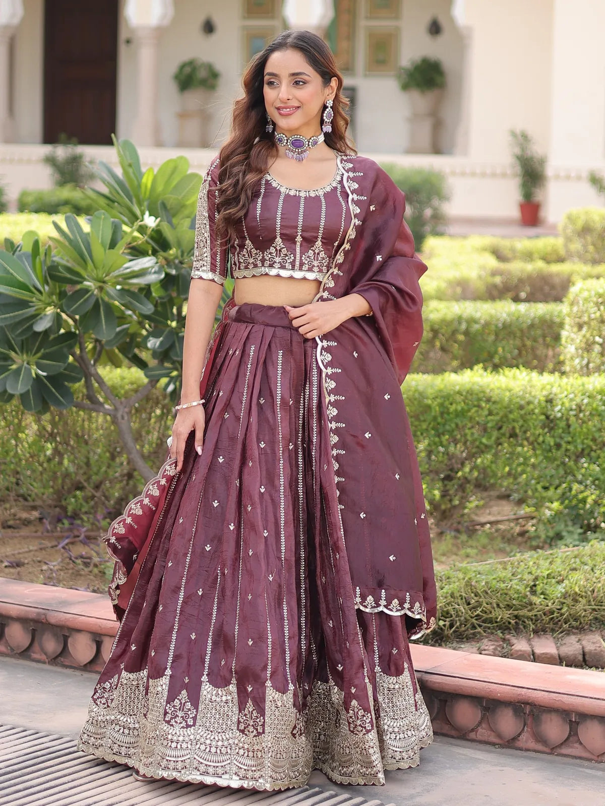 Tarani maroon gold crush lehenga full view with zari and sequin embroidered work and blouse