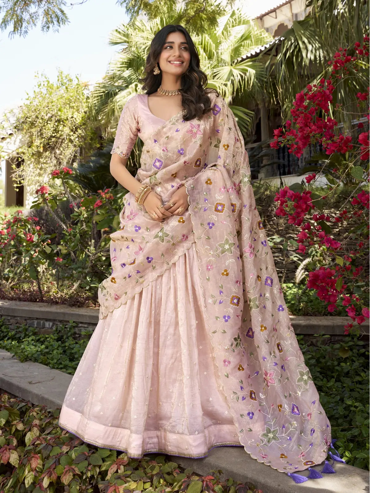 Tarani peach gold crush lehenga front pose with dupatta and floral embroidery