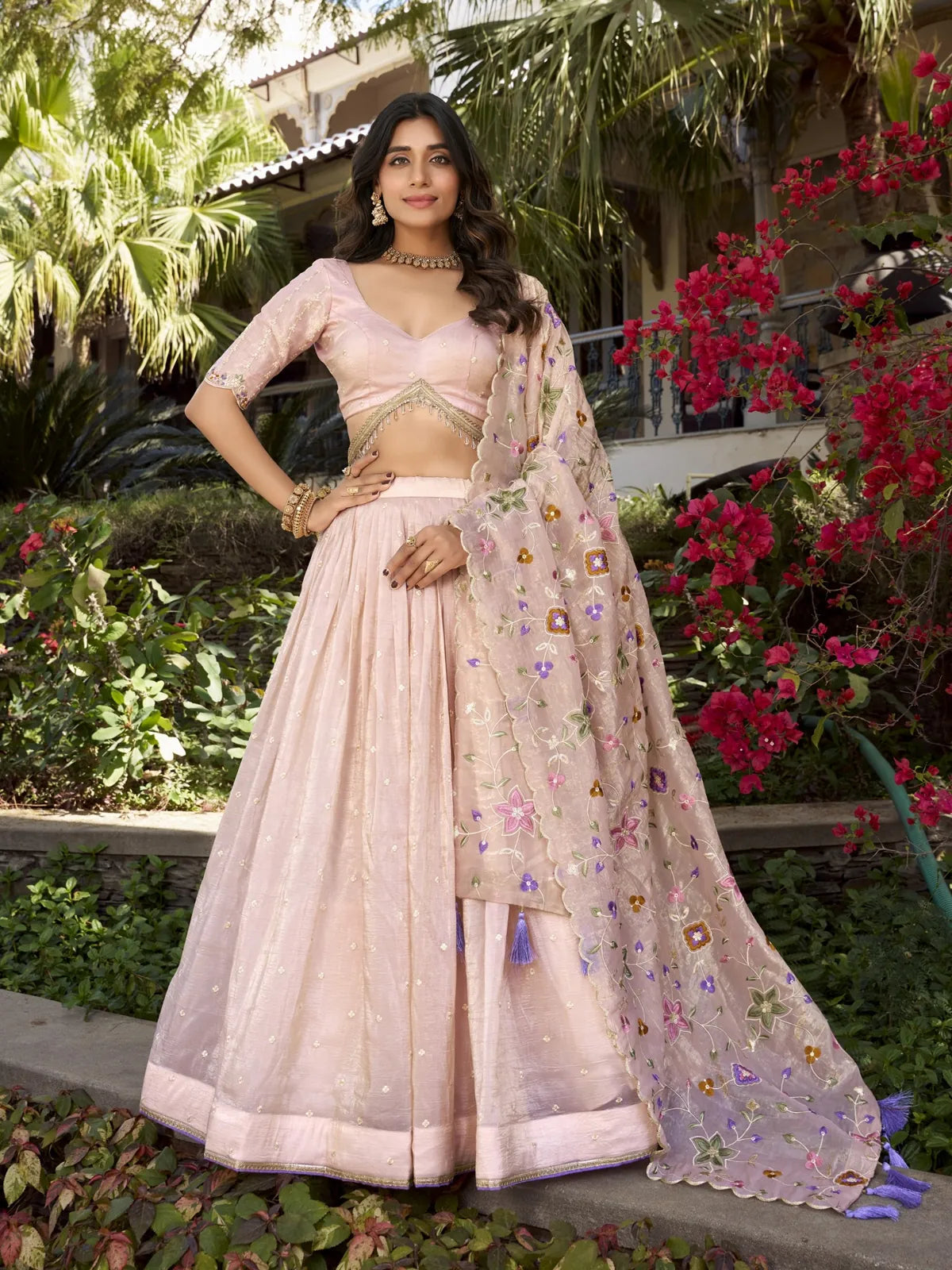Tarani peach gold crush lehenga full view with embroidery and dupatta for weddings