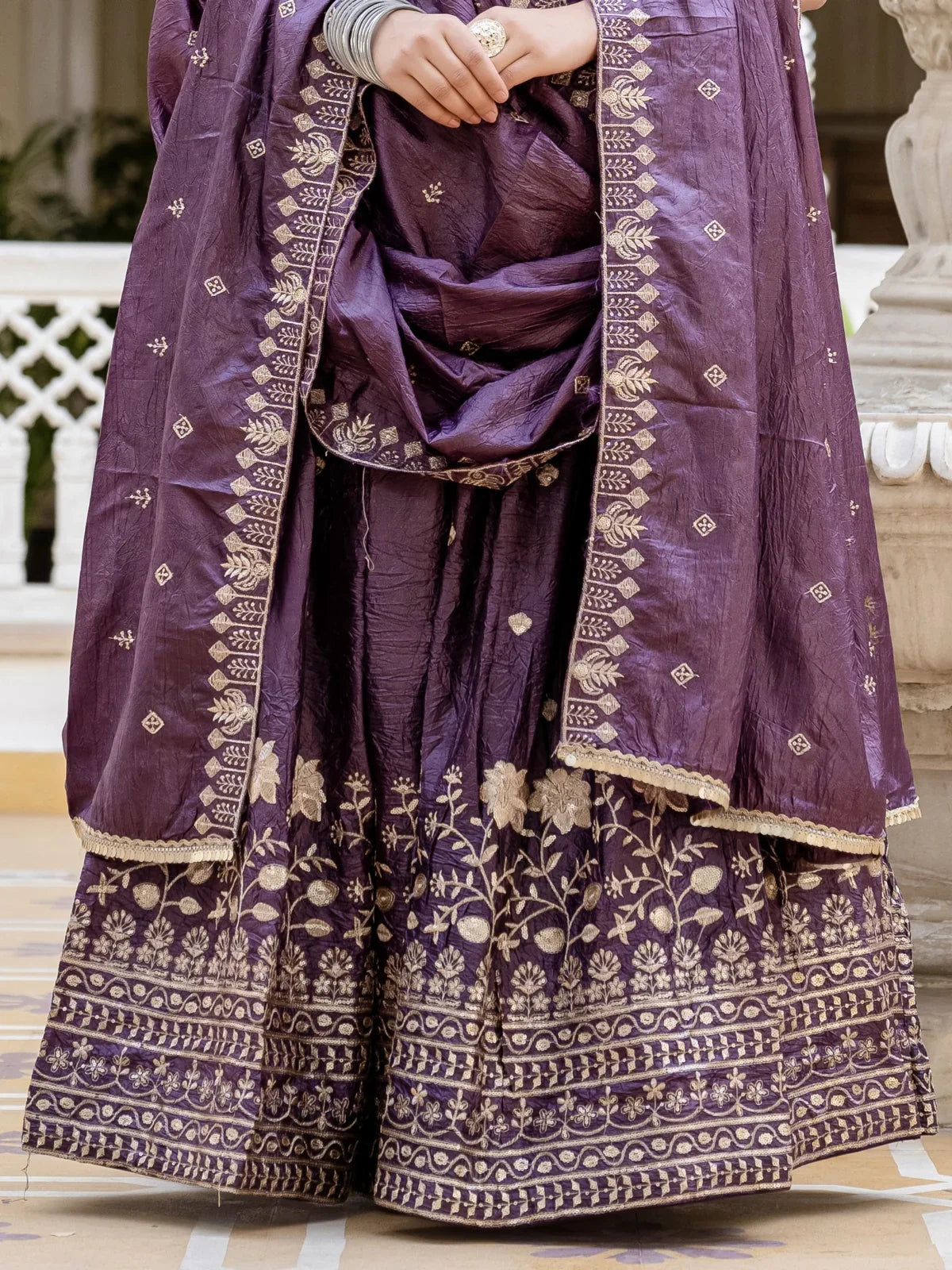 Tarani purple gold crush lehenga fabric detailing closeup embroidery pattern