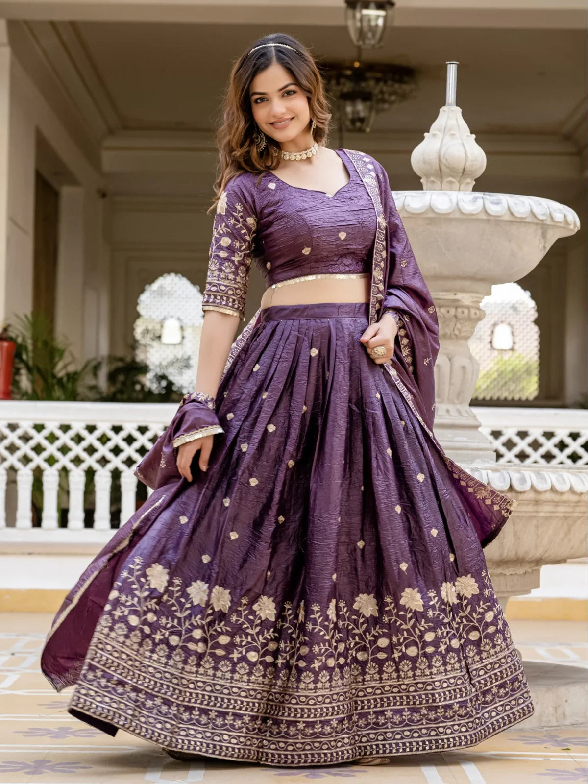 Tarani purple gold crush lehenga front view showing complete outfit styling