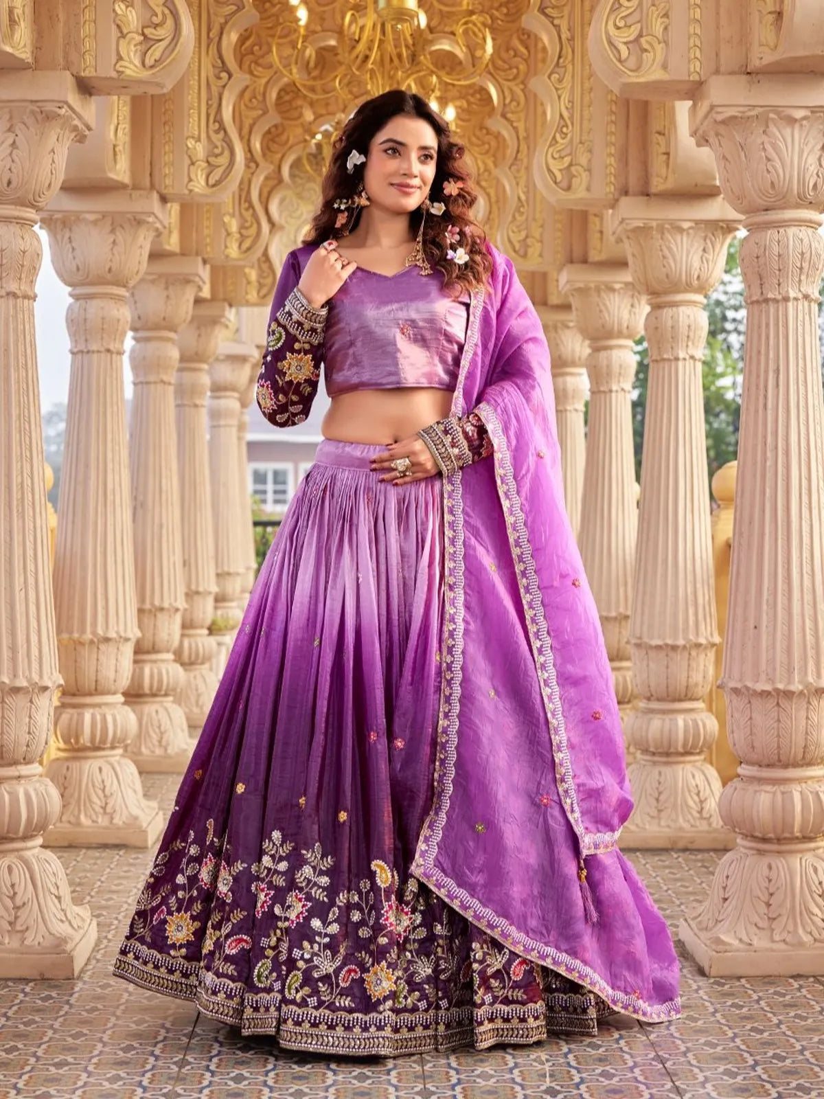 Tarani purple gold crush lehenga with embroidered blouse and dupatta full view