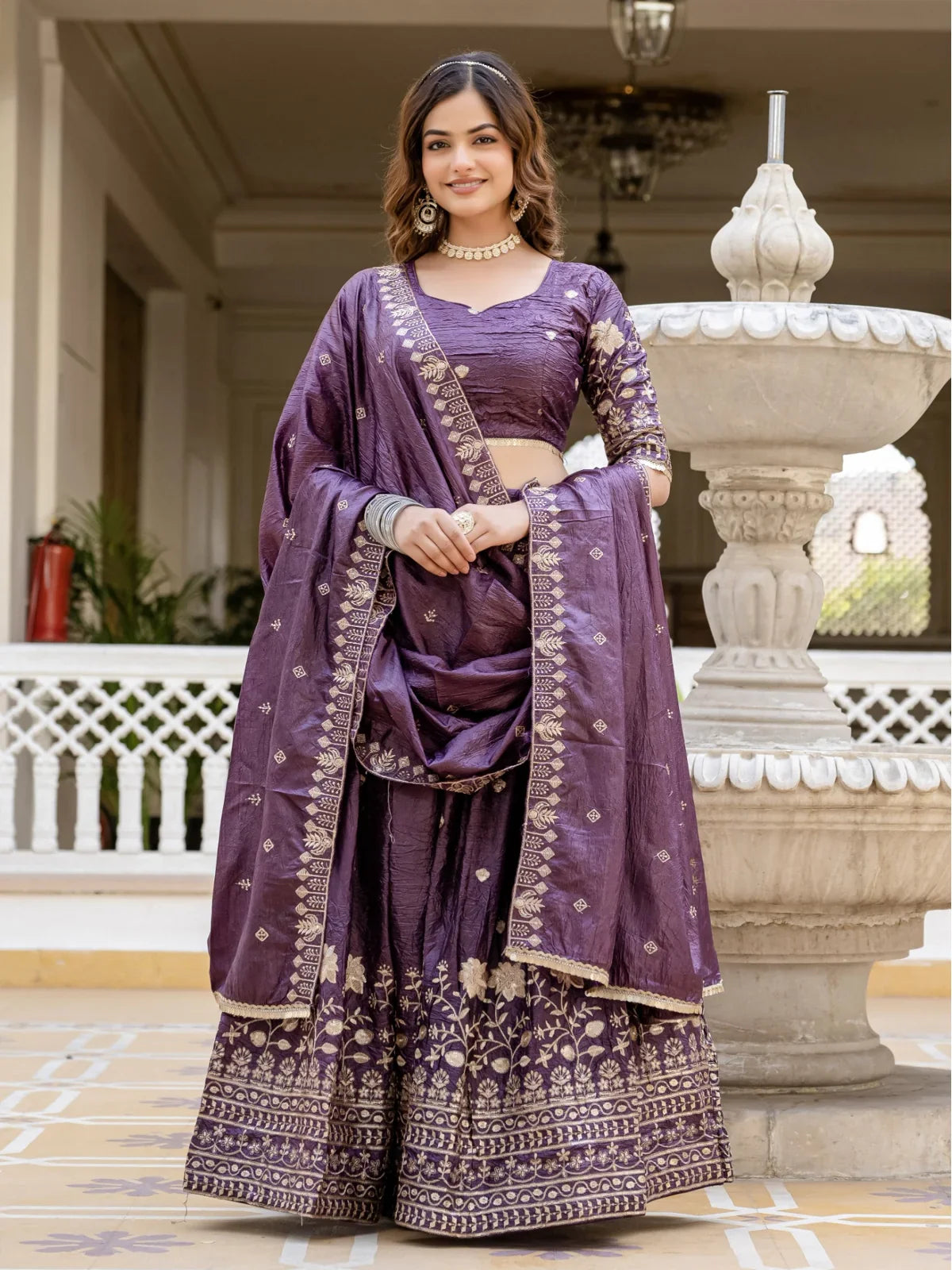 Tarani premium purple gold crush lehenga full view with heavy embroidery and dupatta