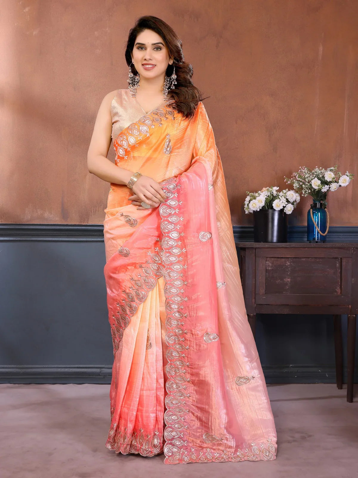Tarani orange gold crush silk saree with gota patti blouse and embroidery work - full view view