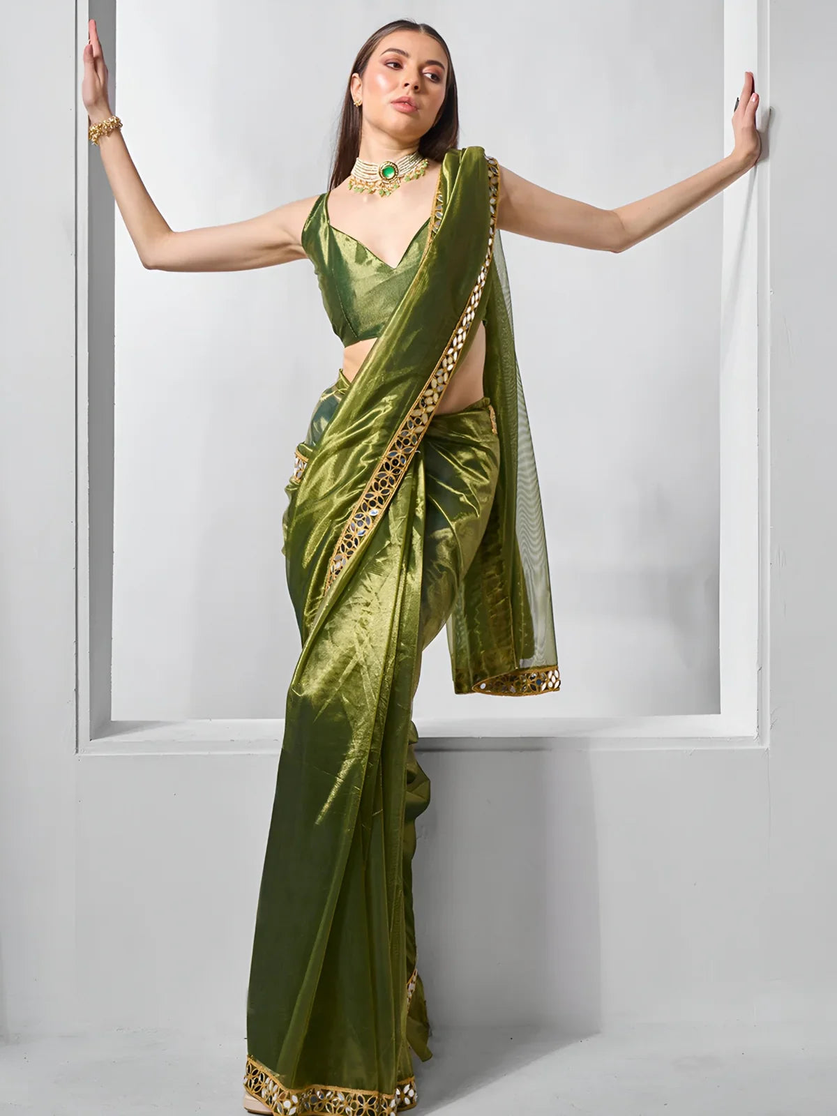 Tarani green dual tone gold twills net saree with mirror work border in full view