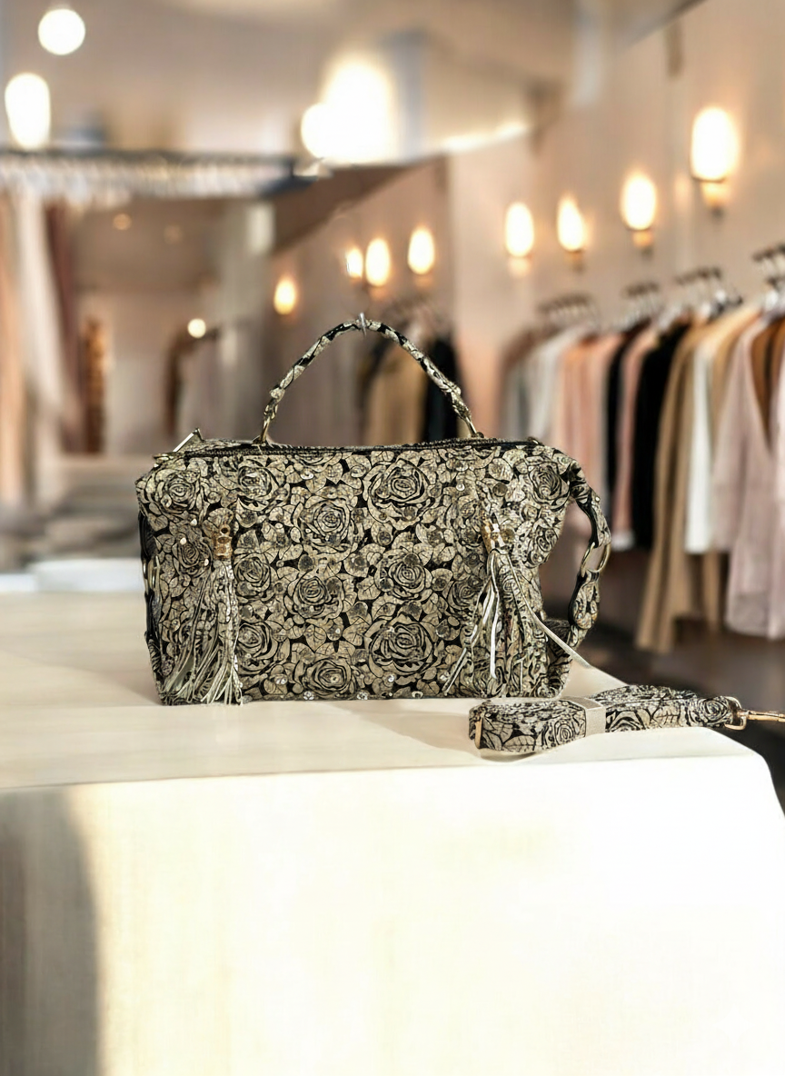 Tarani black floral PU leather handbag full view
