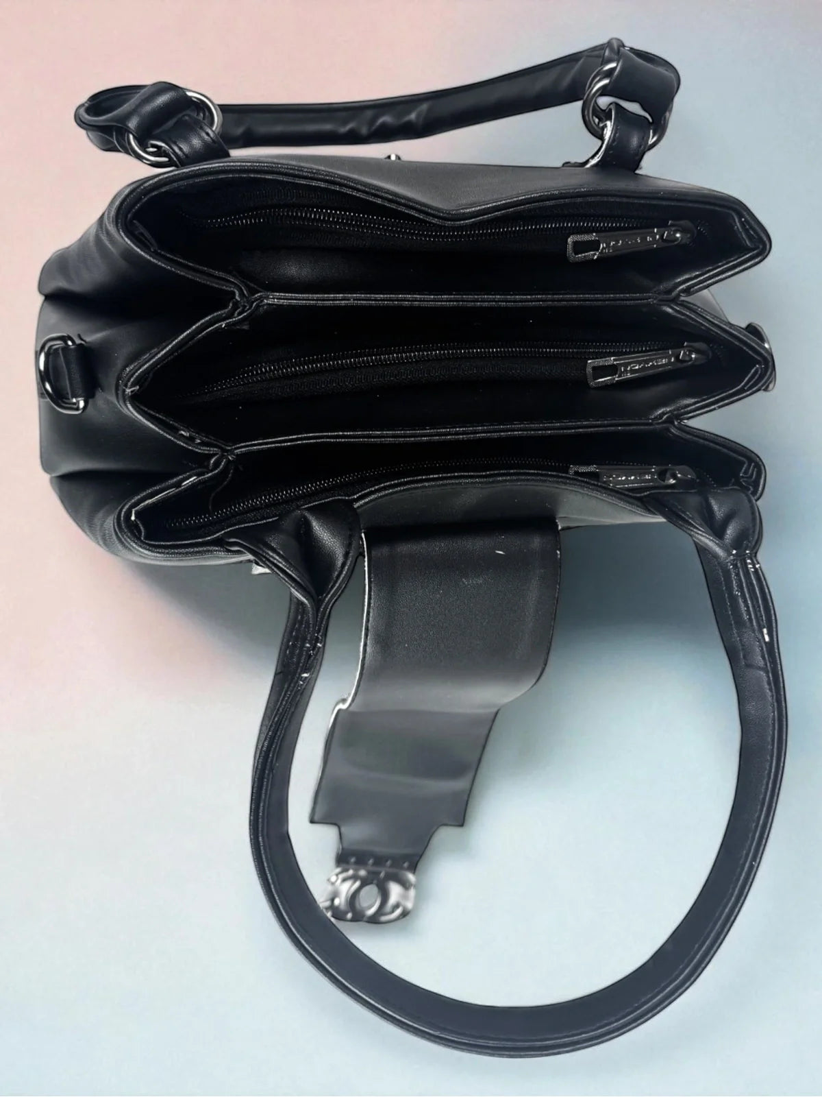 Tarani black PU leather handbag spacious top compartments