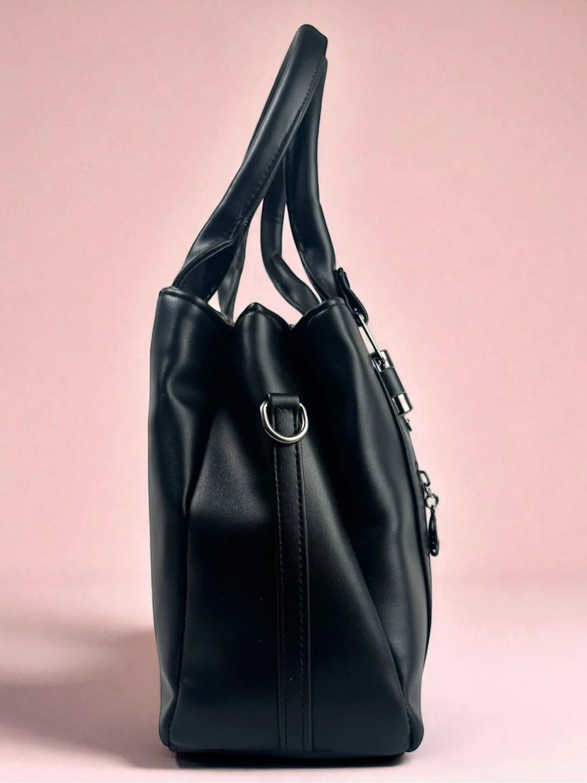 Tarani black PU leather handbag side view with premium finish