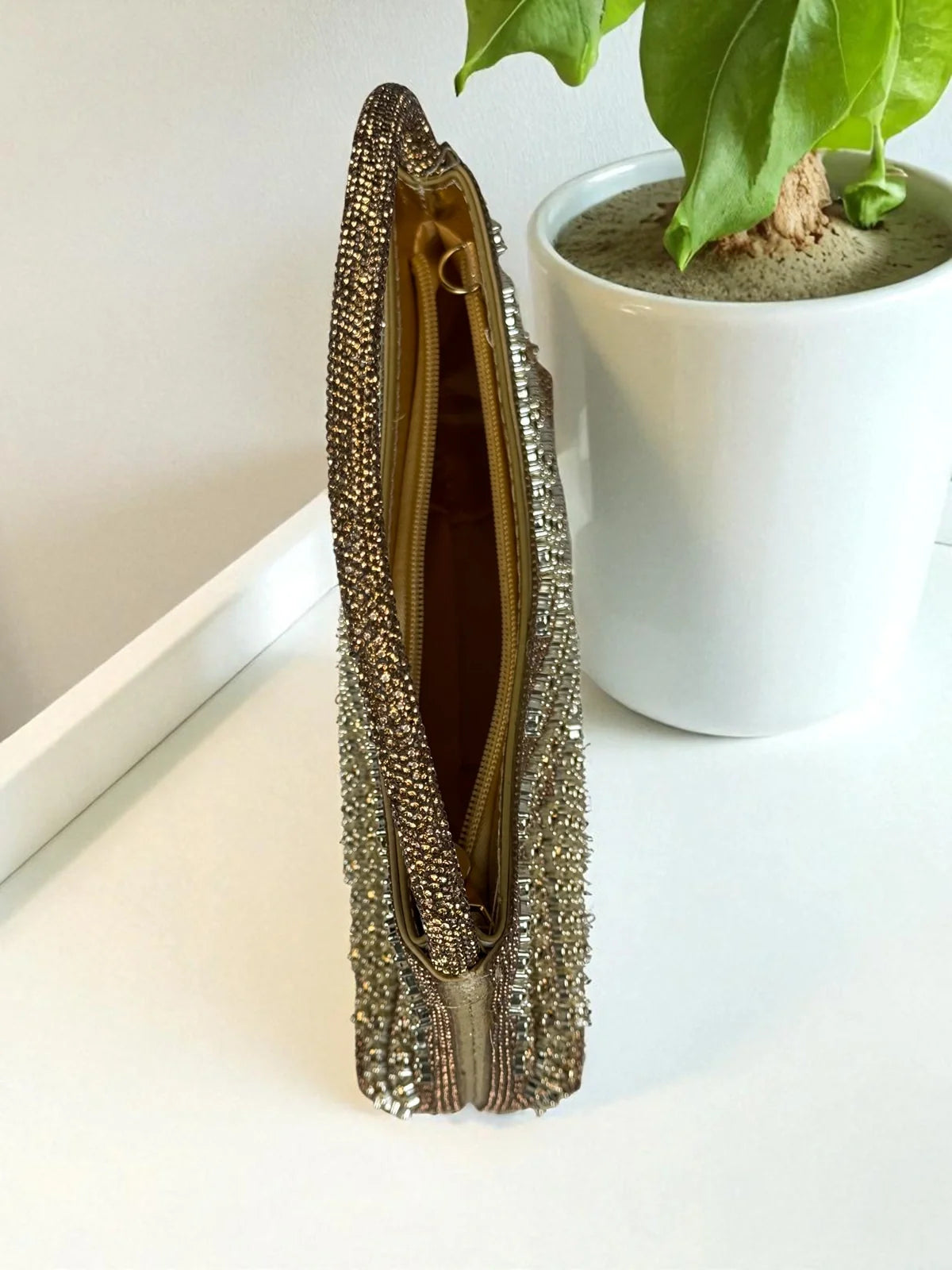 Tarani brown PU leather embellished handbag top view spacious interior