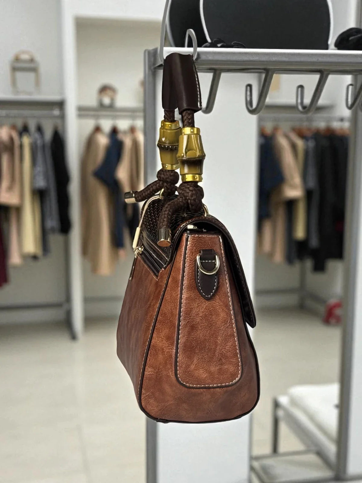 Tarani PU leather brown handbag view 3 with designer detailing