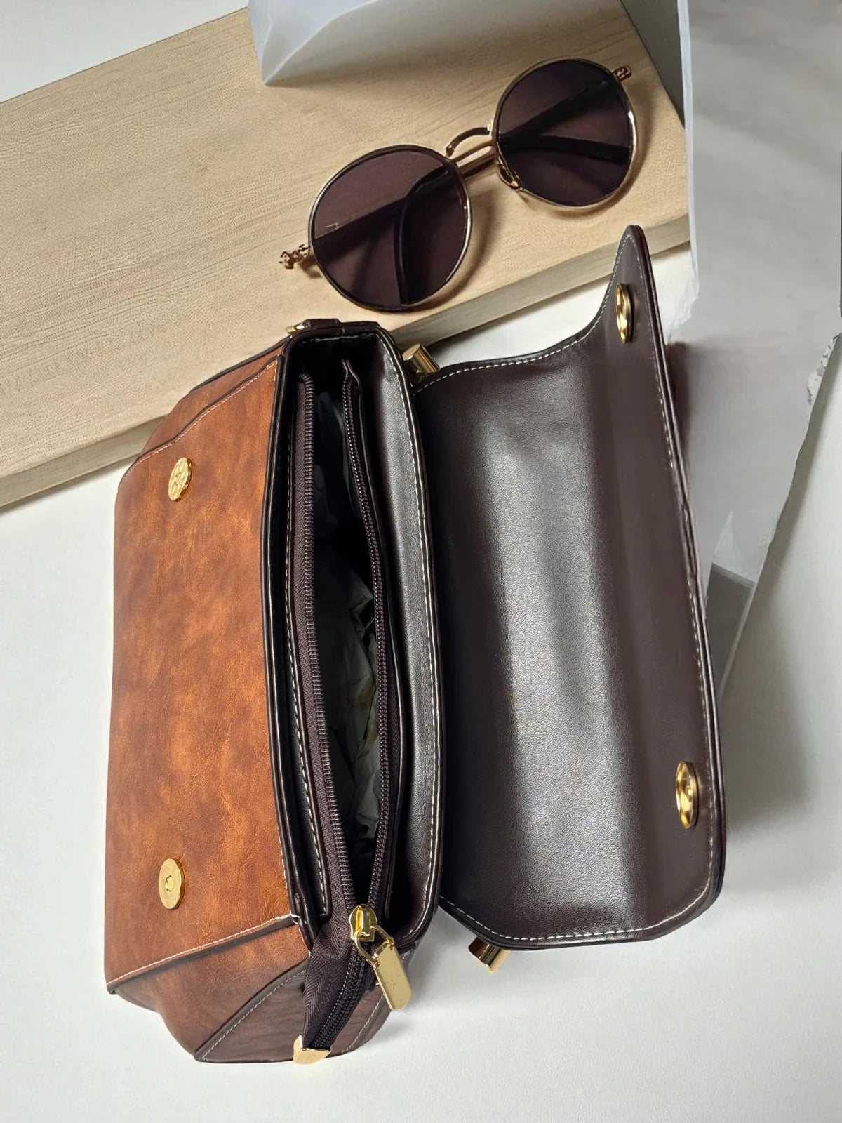 Tarani PU leather brown handbag view 4 with designer detailing