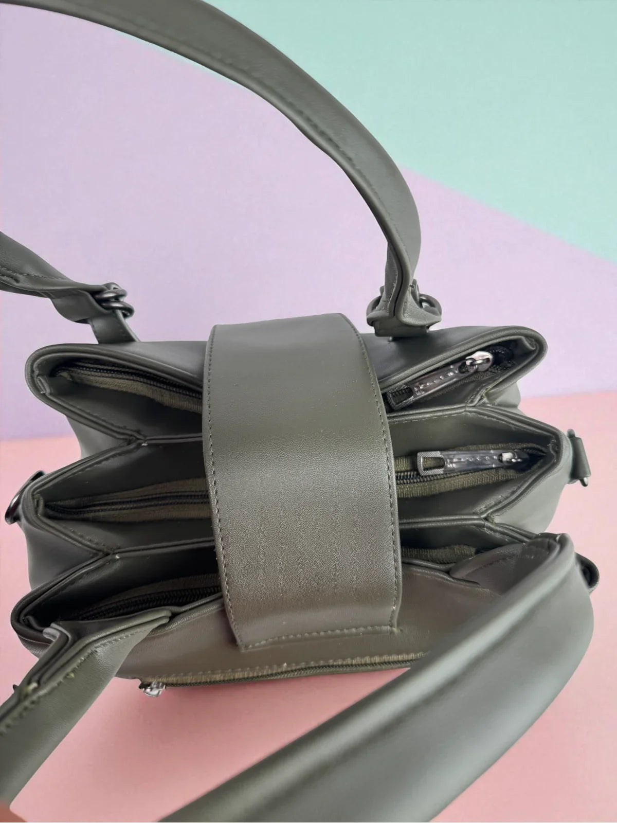 Tarani handbag closeup in PU leather with spacious compartments