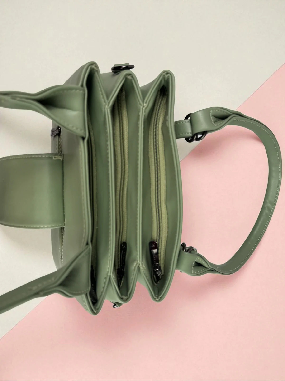 Tarani green PU leather handbag spacious top compartments view