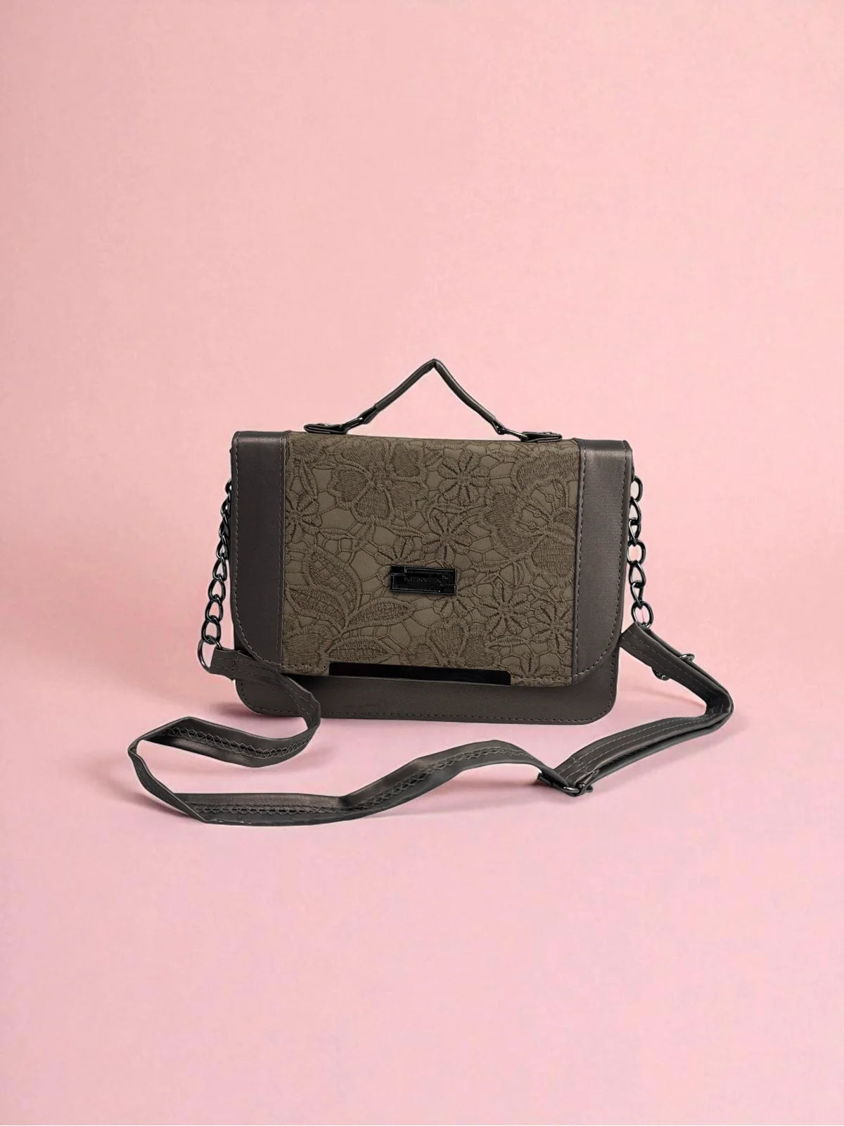 Tarani grey PU leather handbag full front view designer look