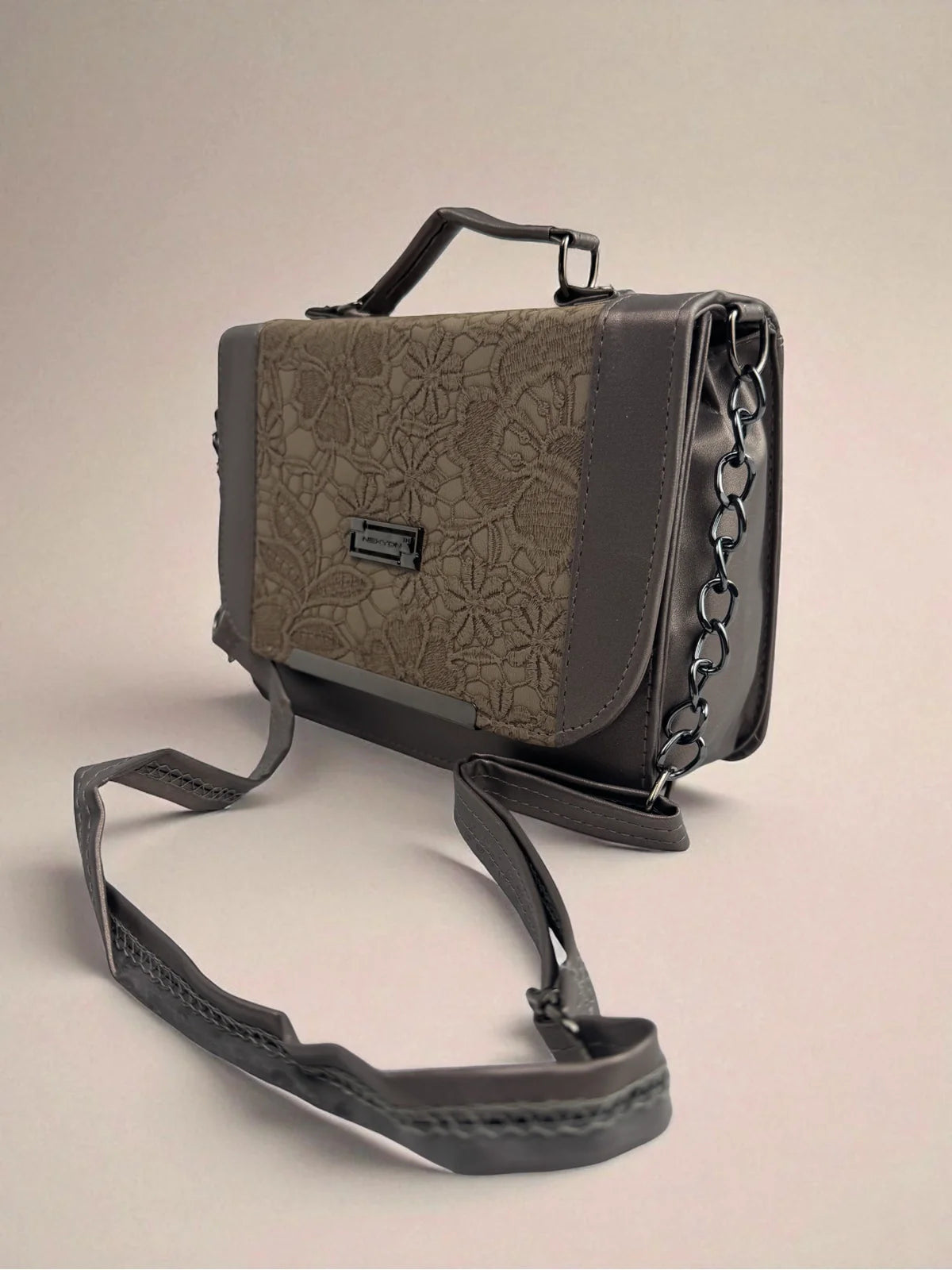 Tarani grey PU leather handbag side view elegant design