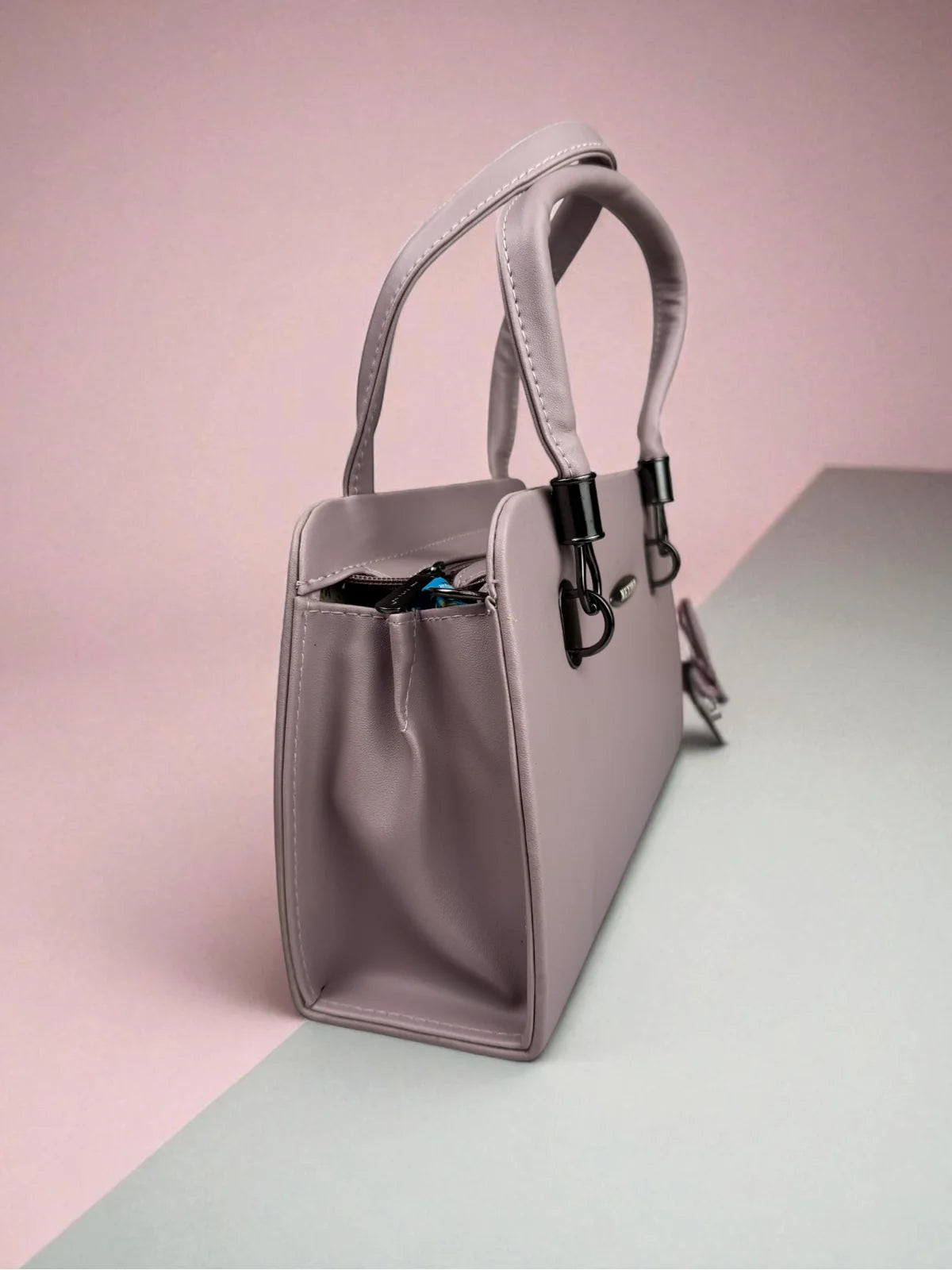 Tarani Lavender PU Leather Handbag Side View 2