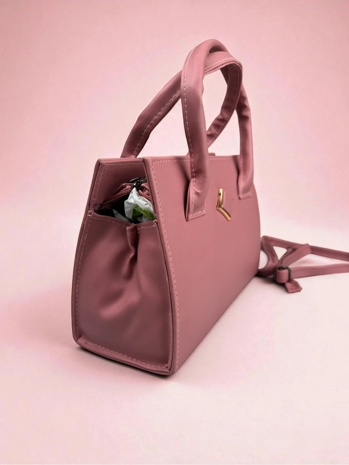 Tarani pink PU leather handbag stylish side view