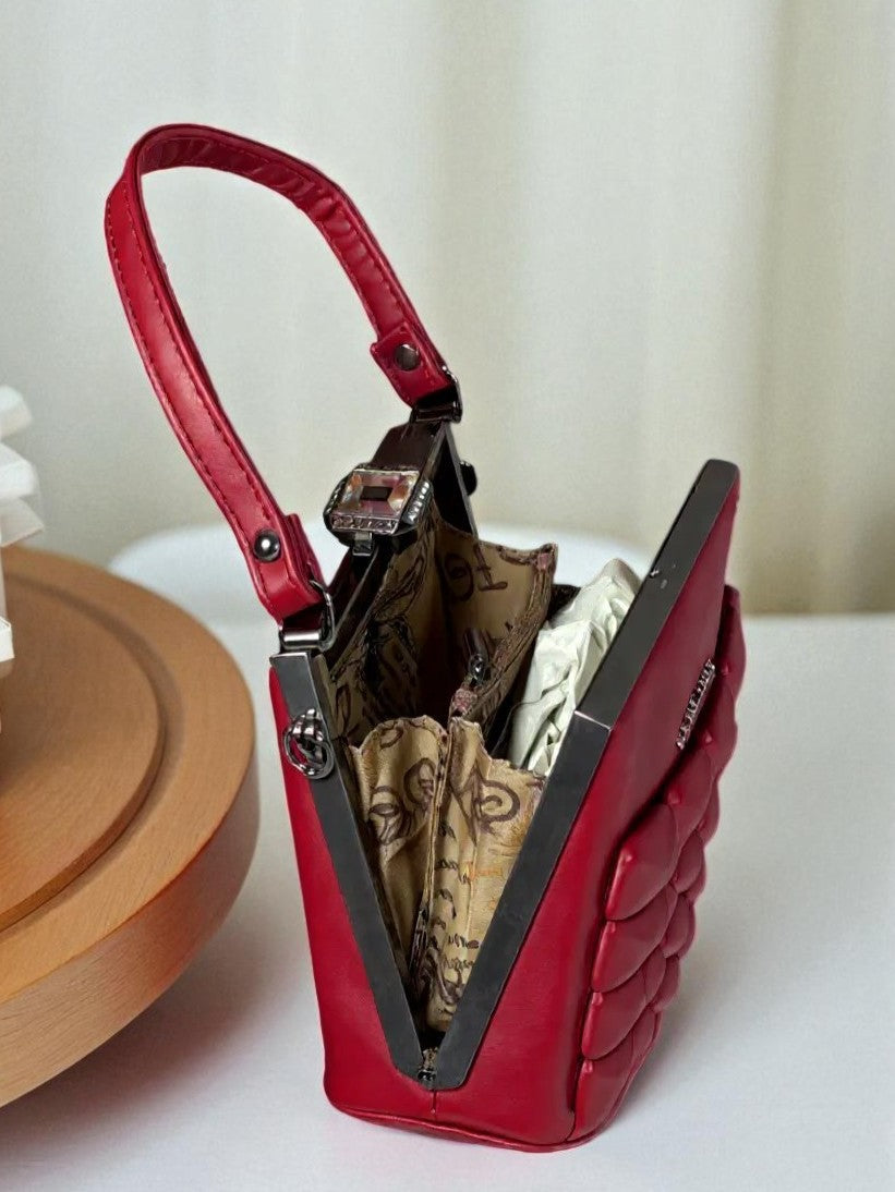 Tarani red PU leather designer handbag inside compartments