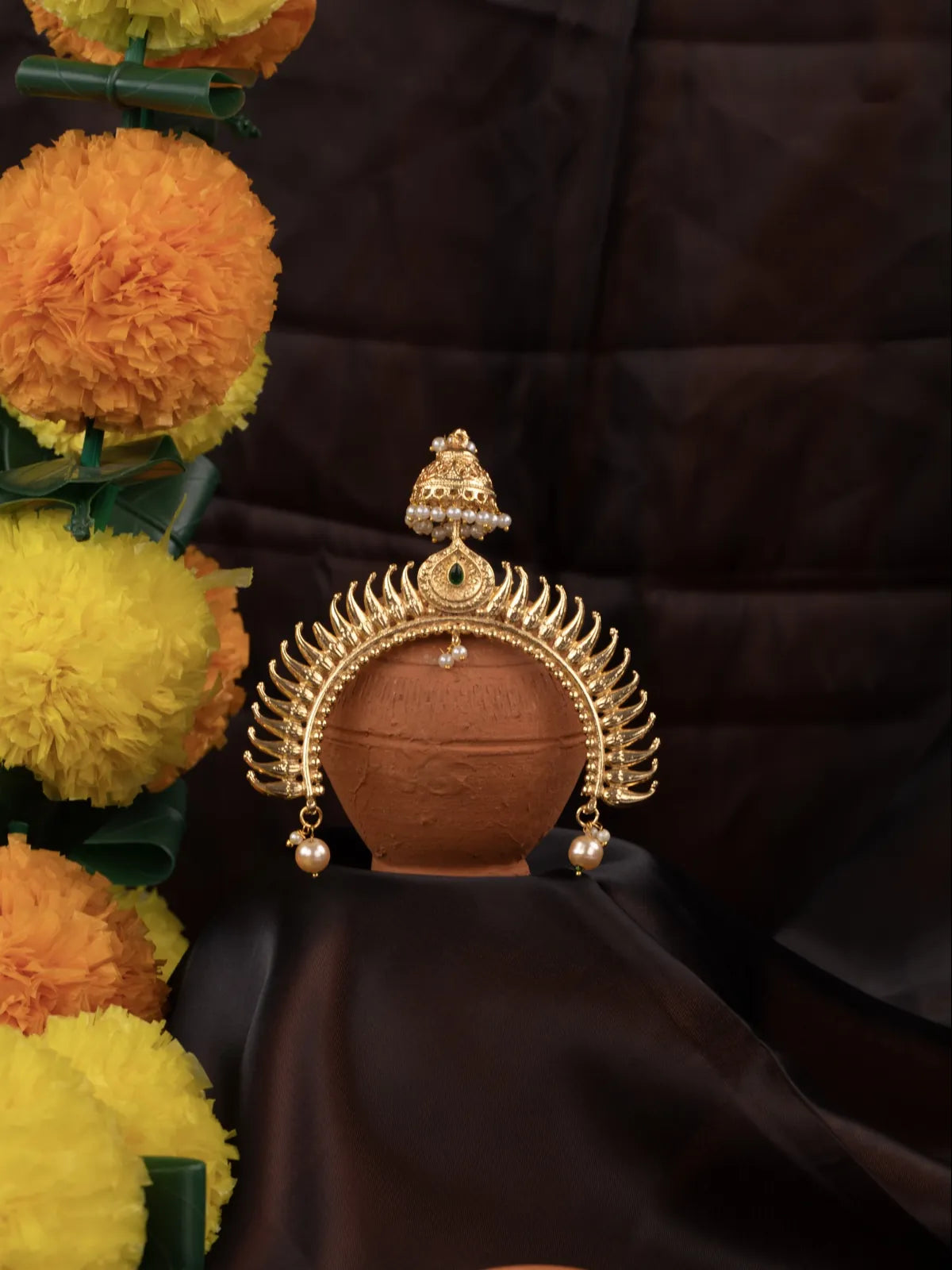 Tarani gold plated pearl headpiece with antique detailing for weddings and festive occasions