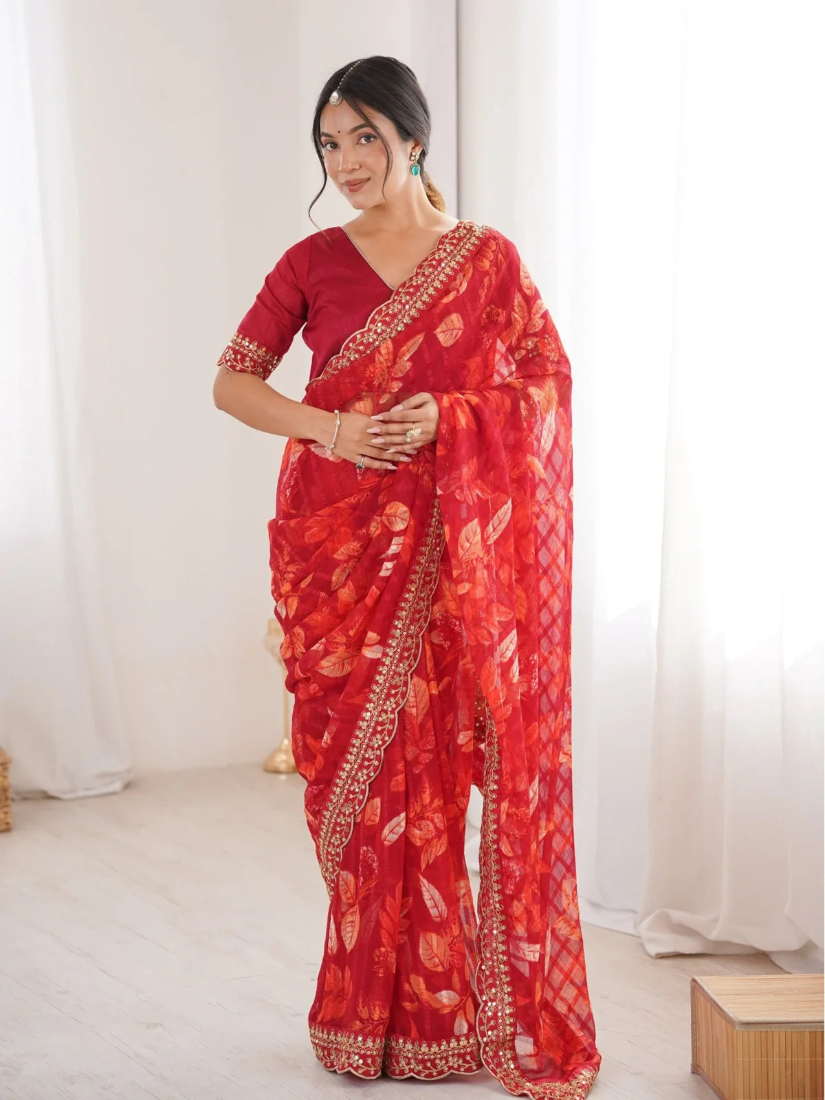 Tarani red printed marble saree with golden border and mono Bengalori blouse for festive occasions