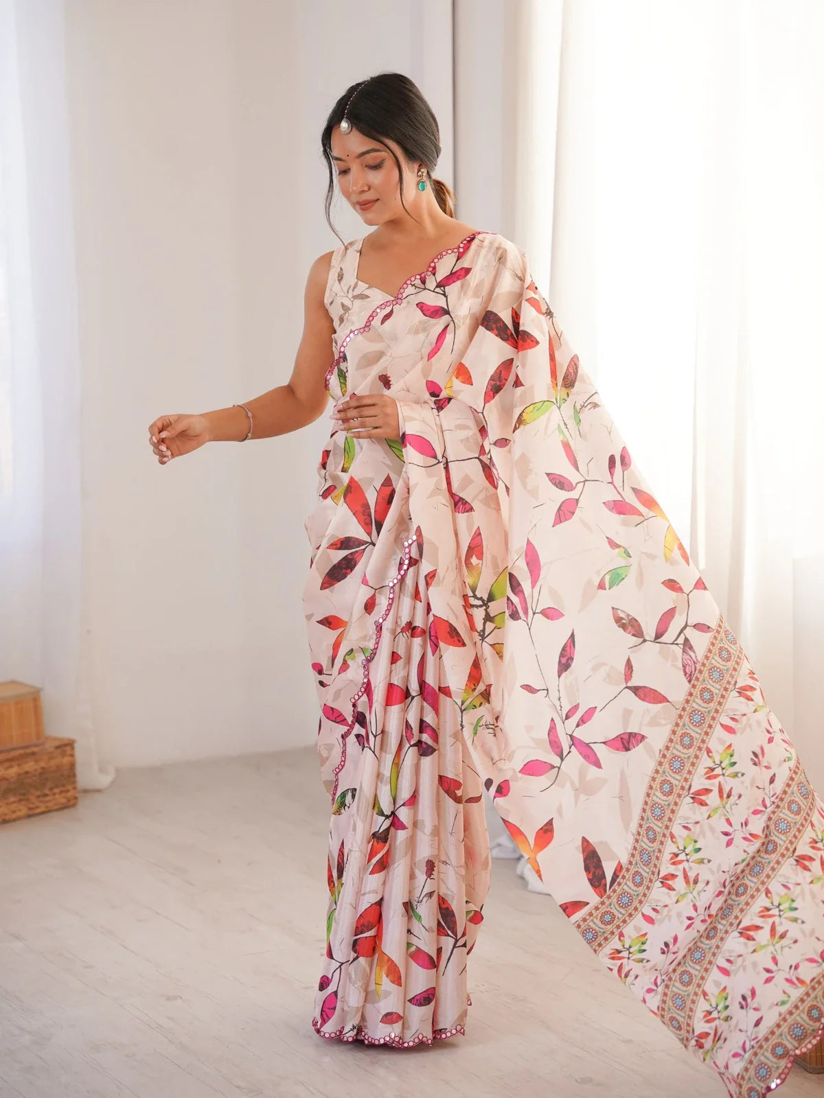 Tarani pink heavy Chinnon saree with multicolor leaf print and mirror work border full view