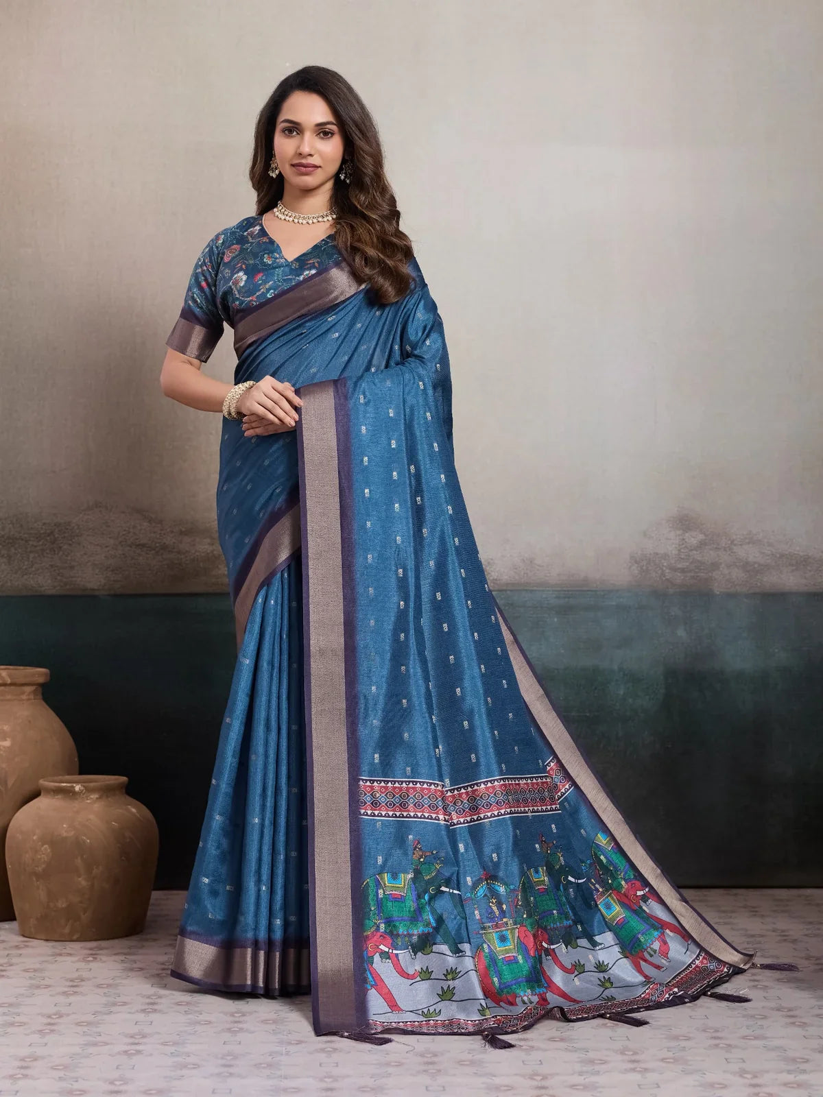 Tarani blue kalki silk saree full view with elephant print pallu and elegant border