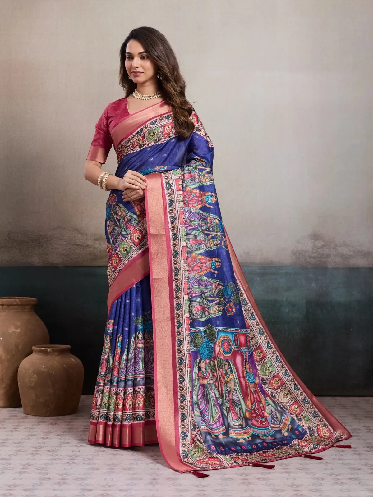 Tarani kalki silk saree in blue with digital print and cultural motifs – full view