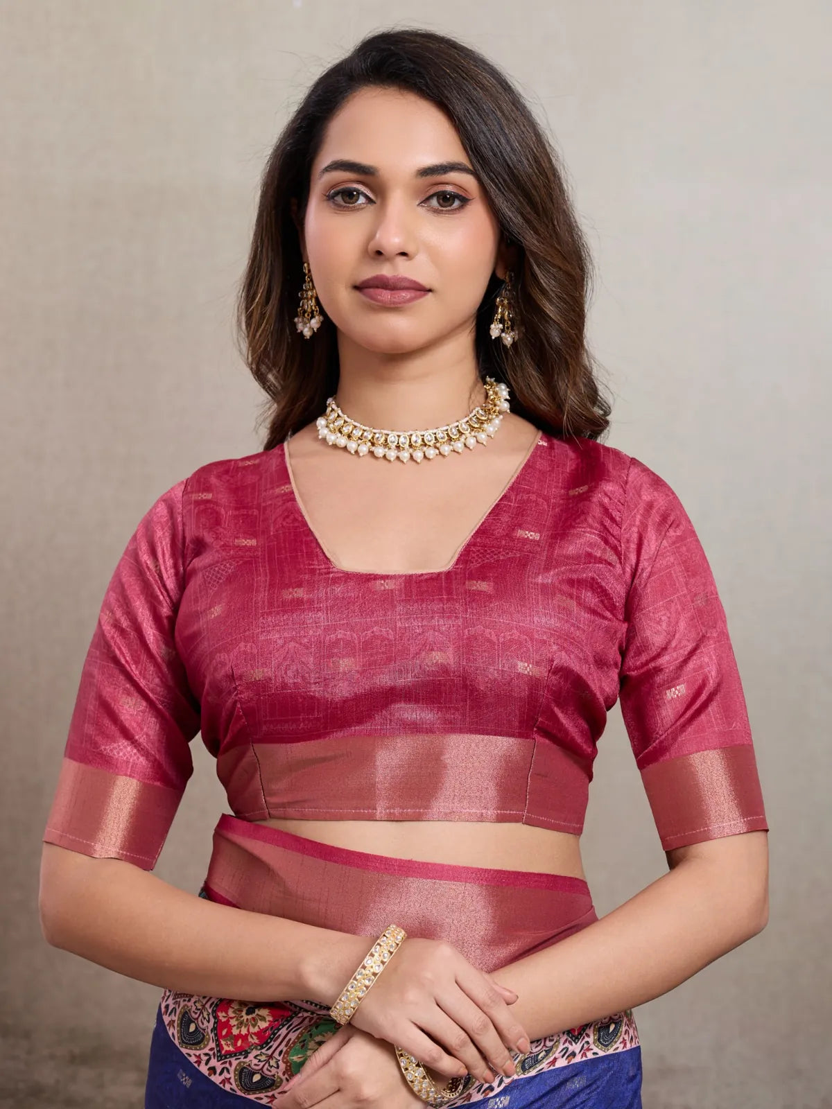 Tarani kalki silk saree upper body view with elegant blouse and neckline detail