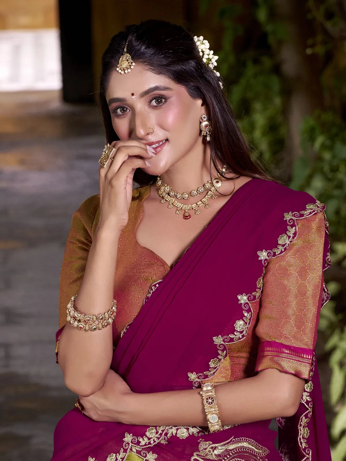 Tarani embroidered blouse and magenta dupatta close-up with traditional jewellery upper body view
