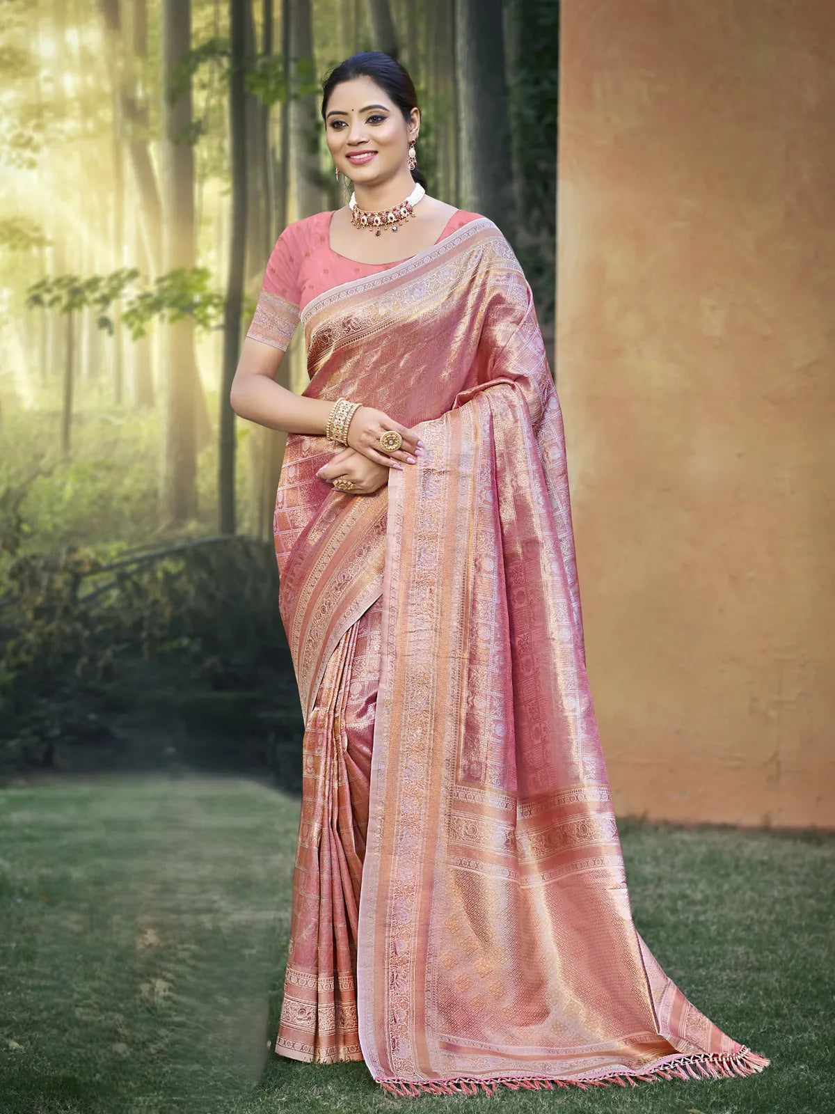 Tarani pastel pink Kanjivaram silk saree full view for festive occasions