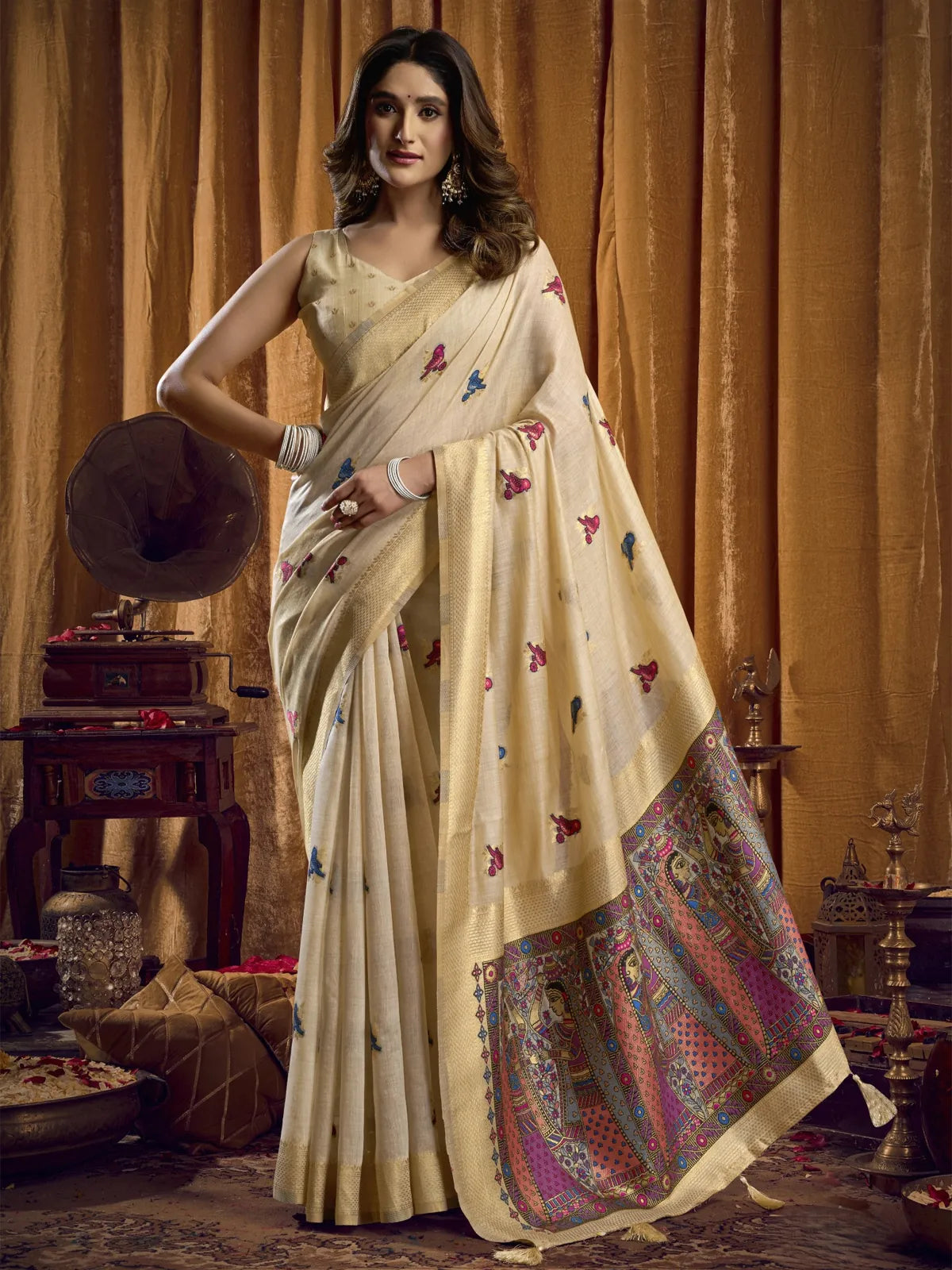 Tarani khadi cotton beige saree full view with mithila pallu and bird butti work for party and cultural wear
