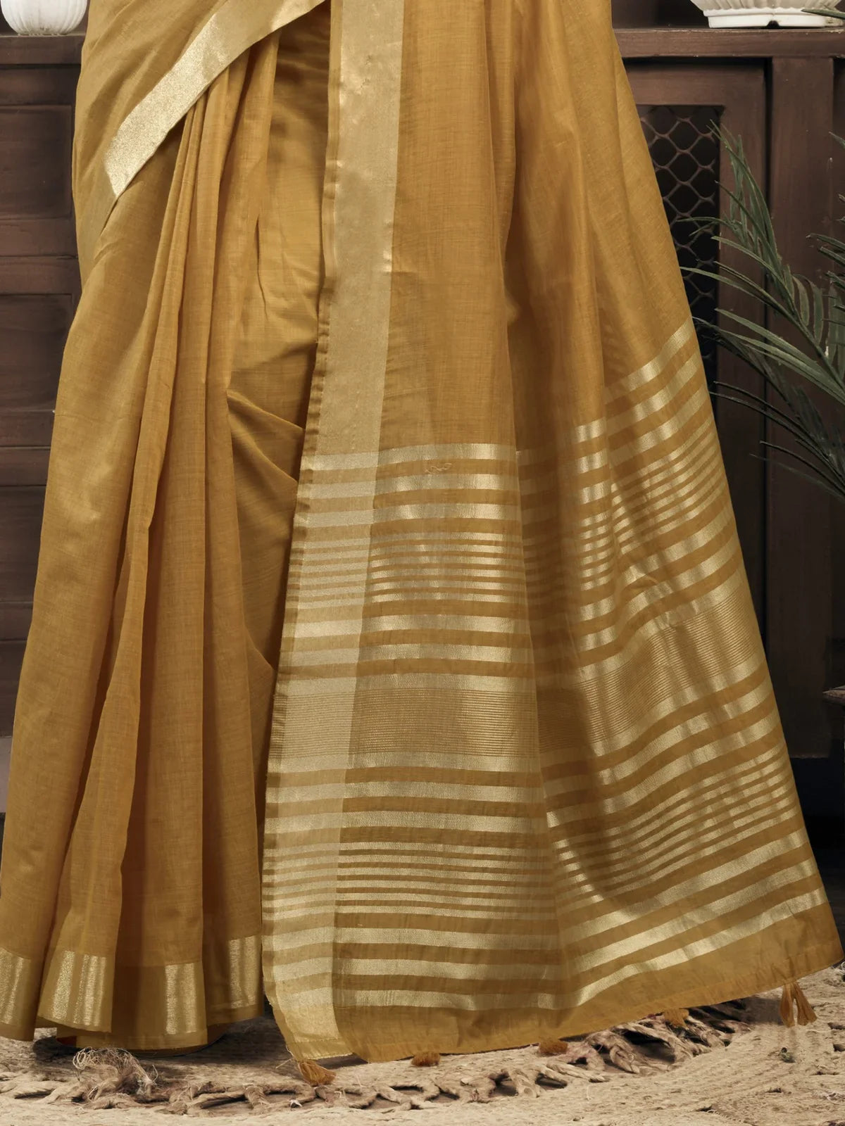 Tarani khadi cotton saree mustard shade with pallu and border detailing perfect for everyday wear