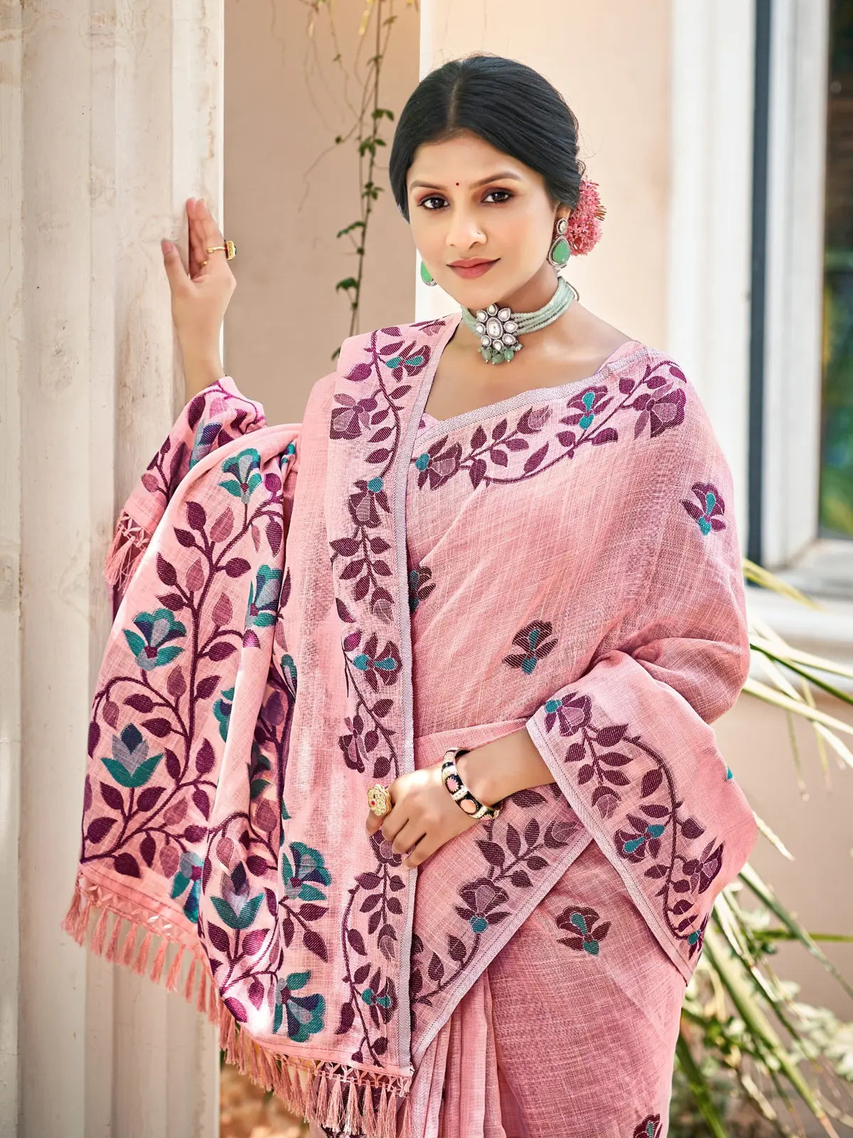 Tarani light pink Lilen saree upper body view showing blouse design and fine embroidery work