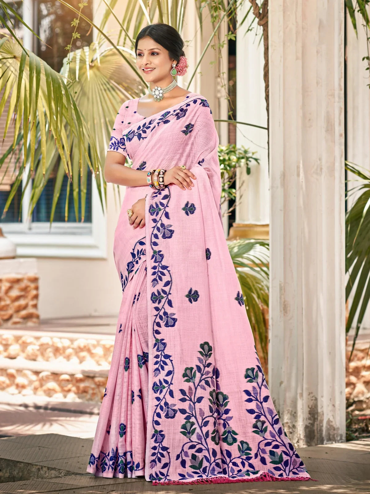Tarani mauve lilen festive saree with blue floral embroidery full view