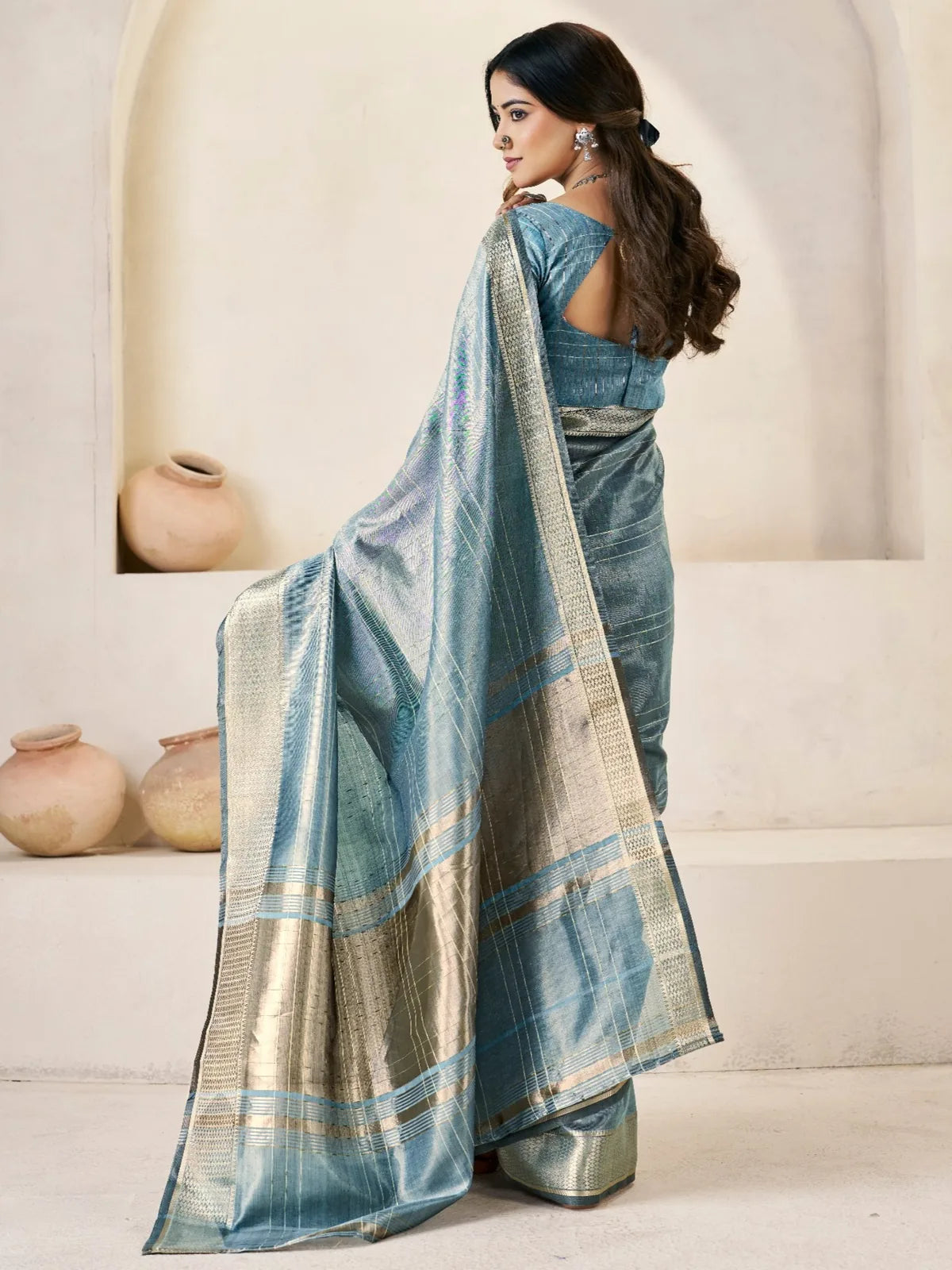 Tarani blue linen cotton silk saree back view with designer blouse pattern