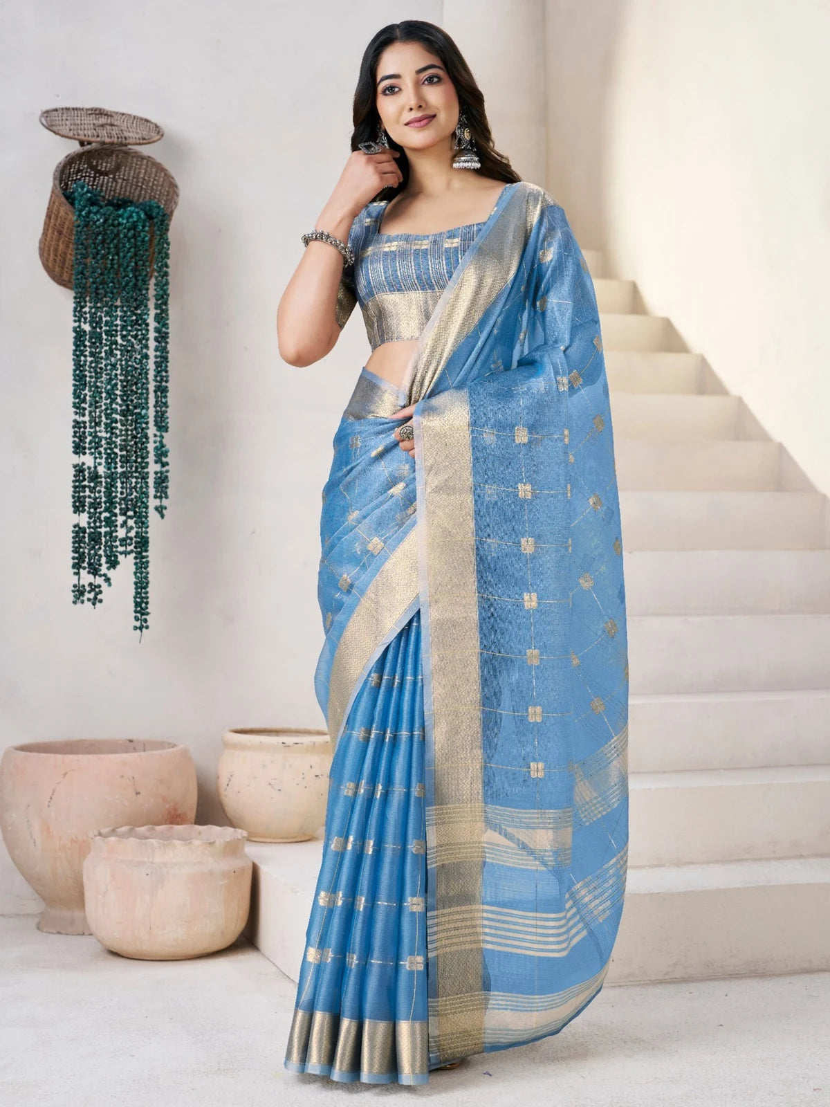 Tarani Mokshita blue linen cotton silk saree with zari work full view