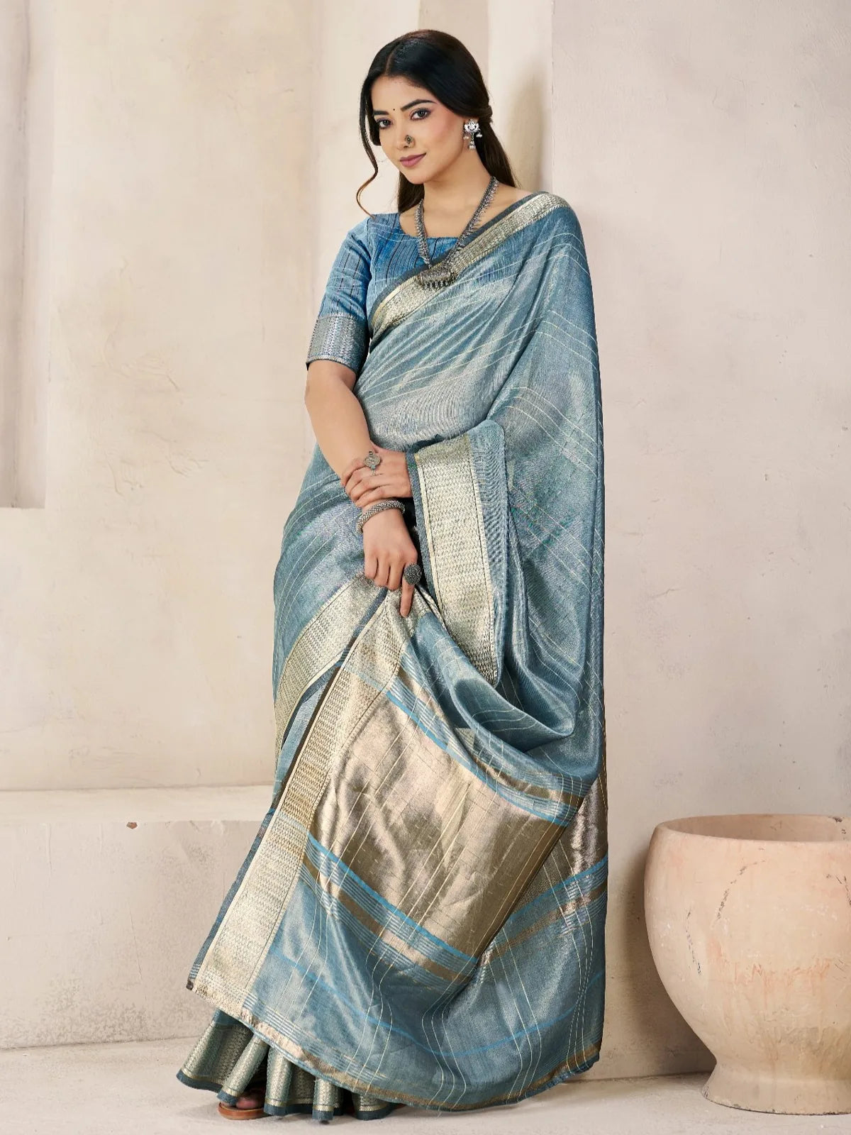 Tarani blue linen cotton silk saree pallu view with rich zari border