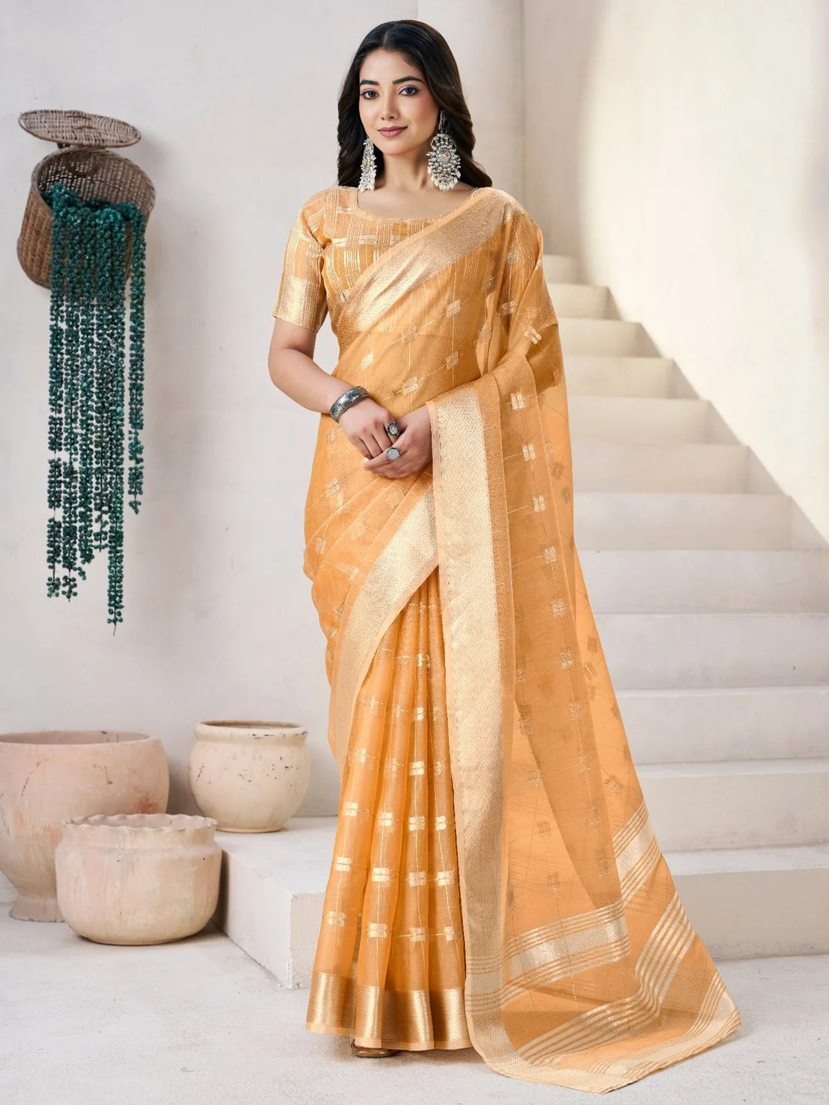 Tarani golden soft linen cotton silk saree with zari work full front view for wedding wear