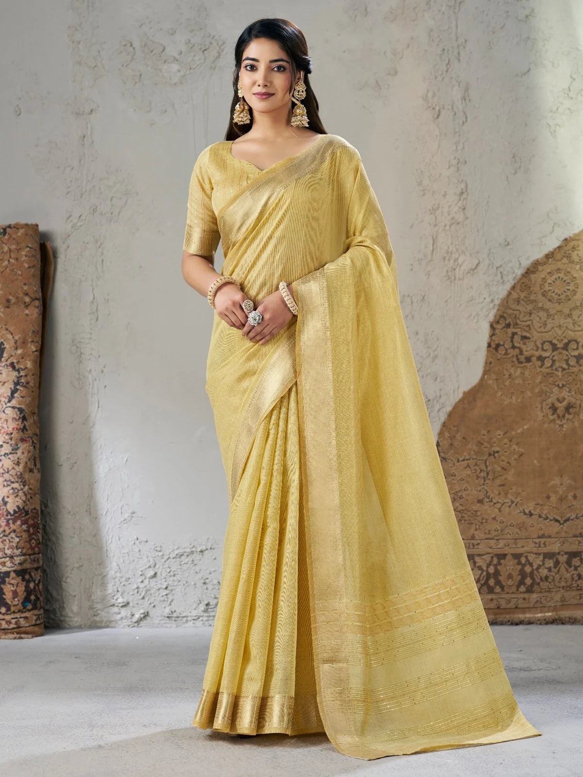 Tarani golden soft linan cotton silk saree with zari work full front view for wedding and party wear