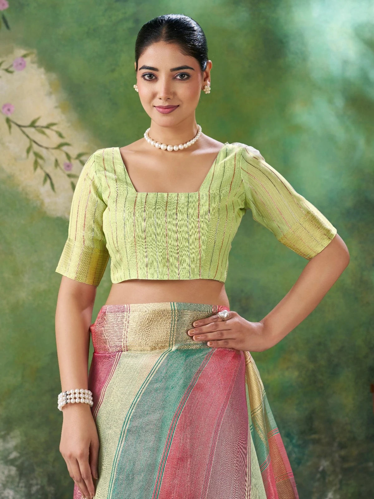 Tarani Falguni green soft linan cotton silk saree front portrait with zari detailing