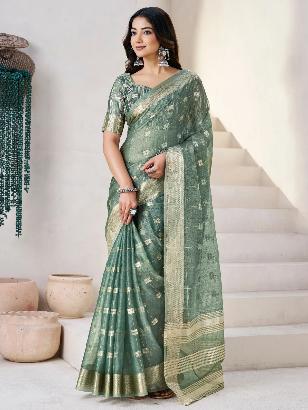 Tarani green soft linan cotton silk saree with zari work full view Aashlesha
