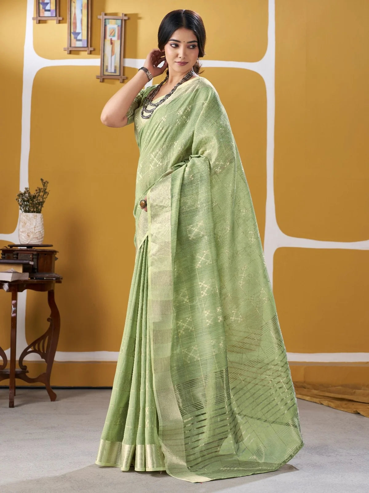 Tarani green soft linan cotton silk saree with zari work full view