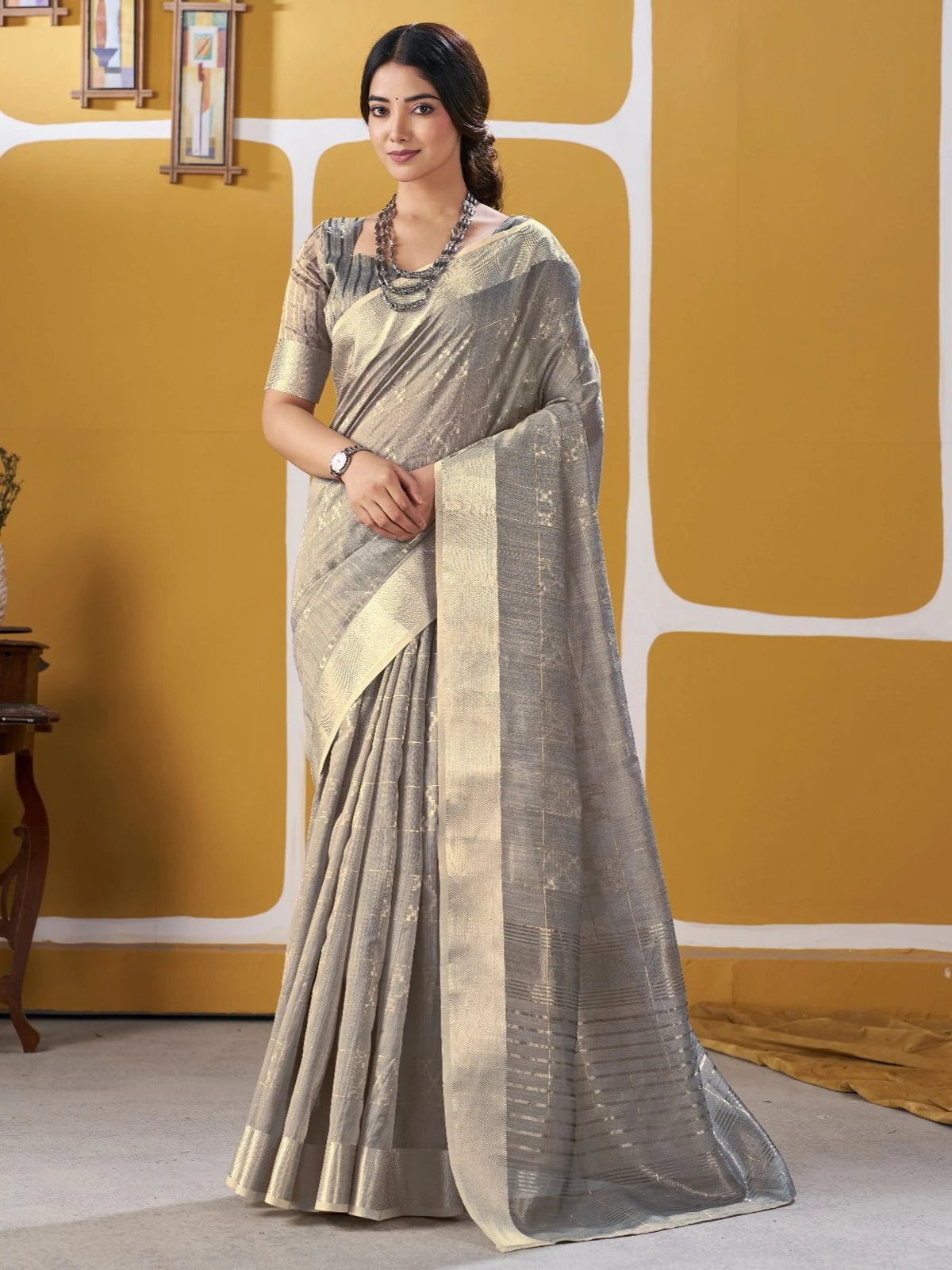 Tarani grey linen cotton silk saree with zari work full view wedding and party wear
