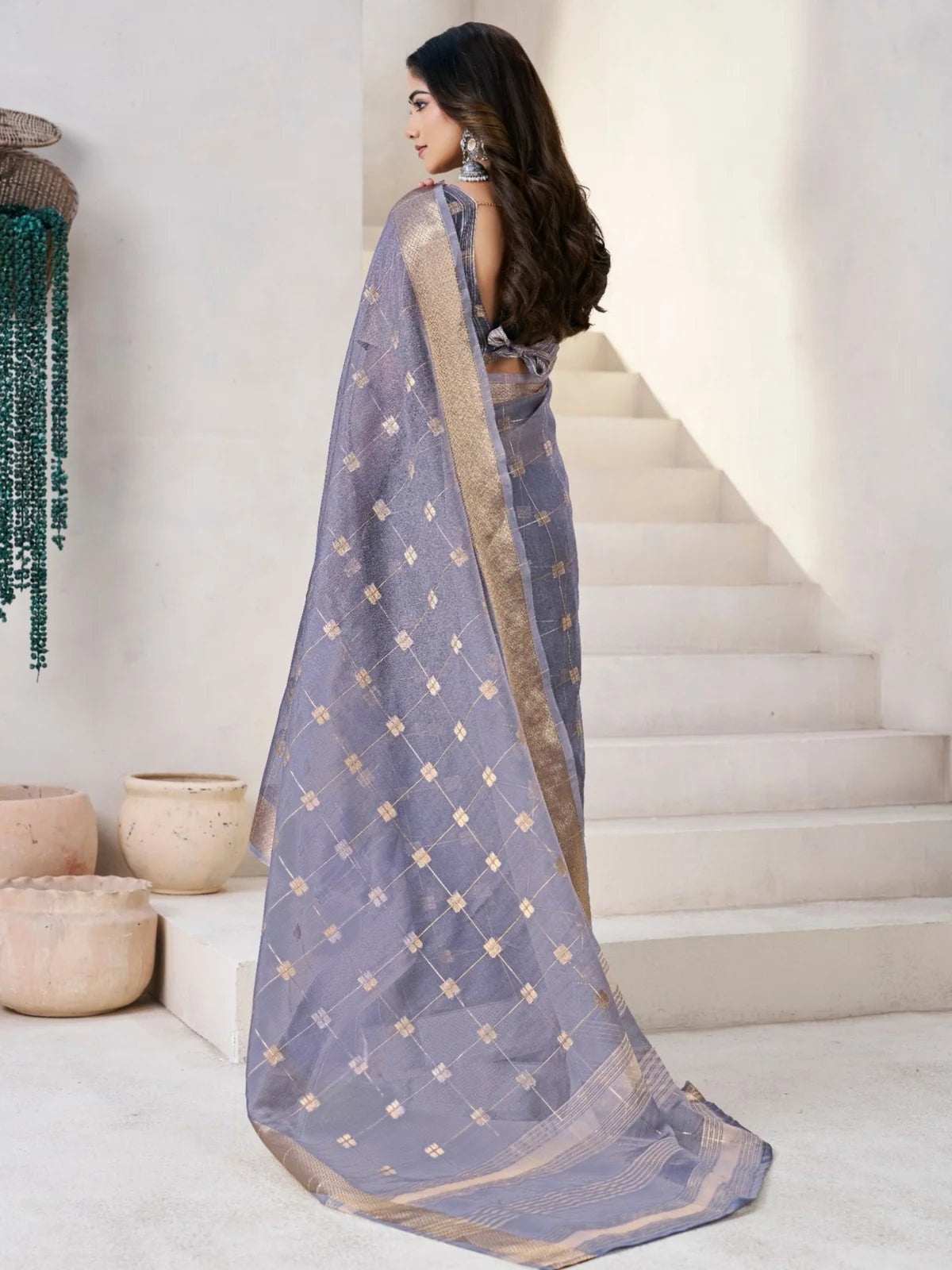 Tarani lavender linen cotton silk saree back view with elegant drape and border