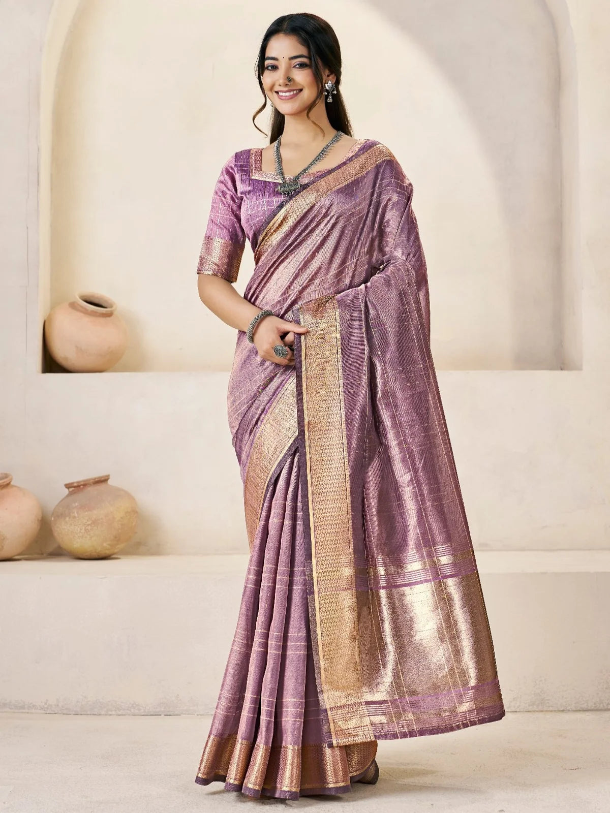 Tarani Sakshita lavender soft linan cotton silk saree with zari work full view for wedding wear