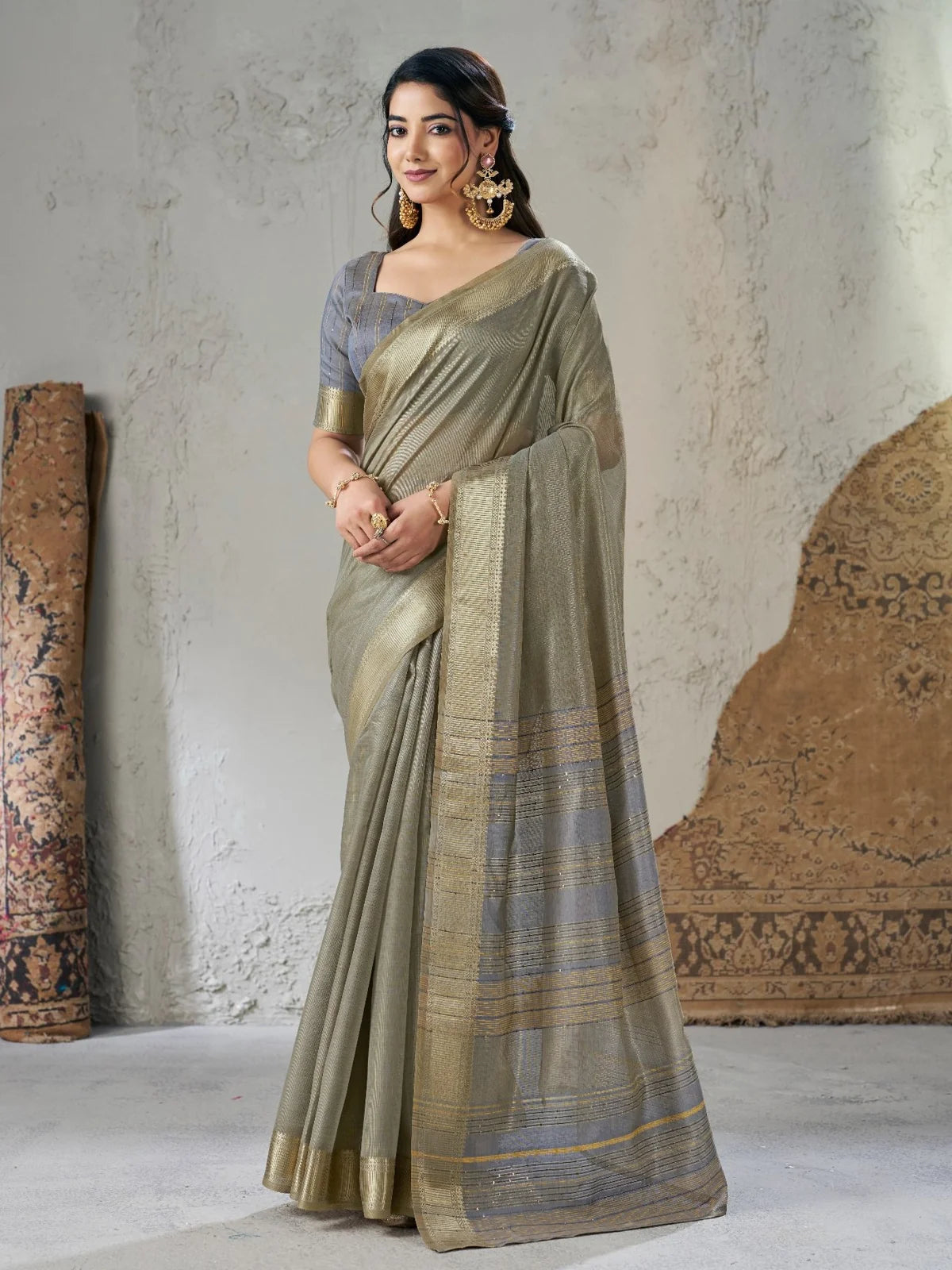 Tarani Neelashri olive green linen cotton silk saree with zari work full saree view