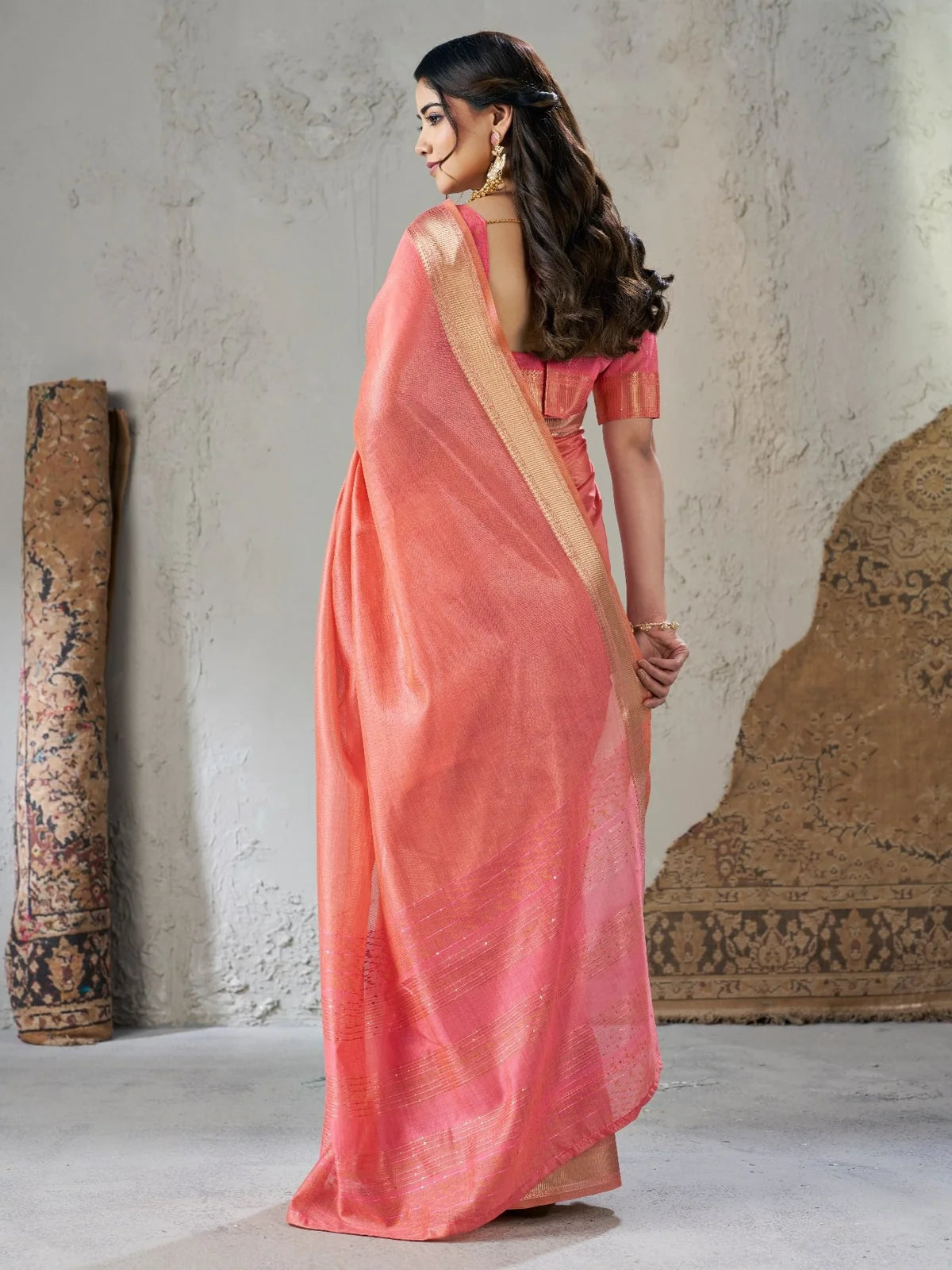 Tarani peach soft linan cotton silk saree back view Aryana