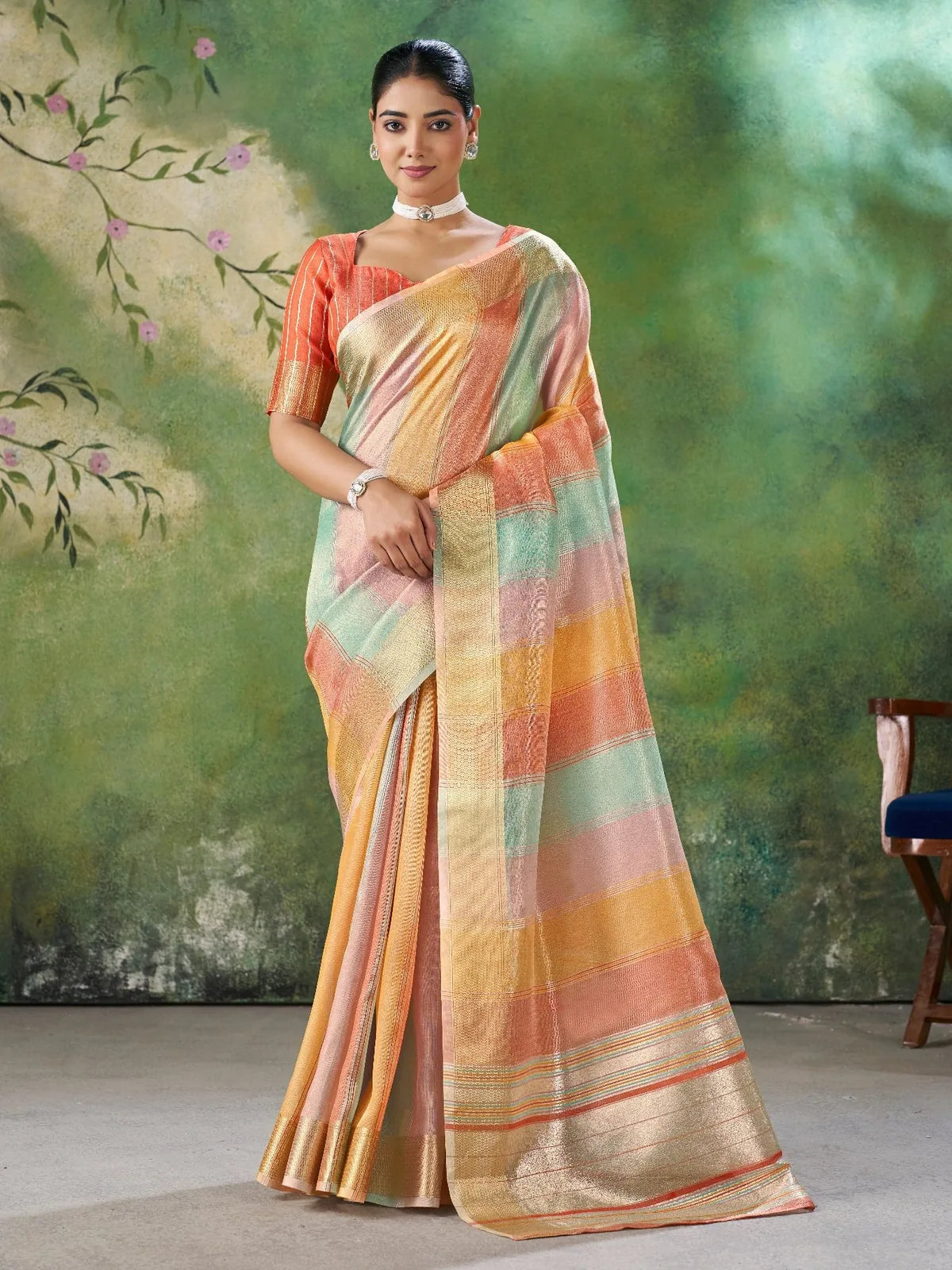 Tarani soft linan cotton silk saree with zari work in peach tone full view for wedding and party wear